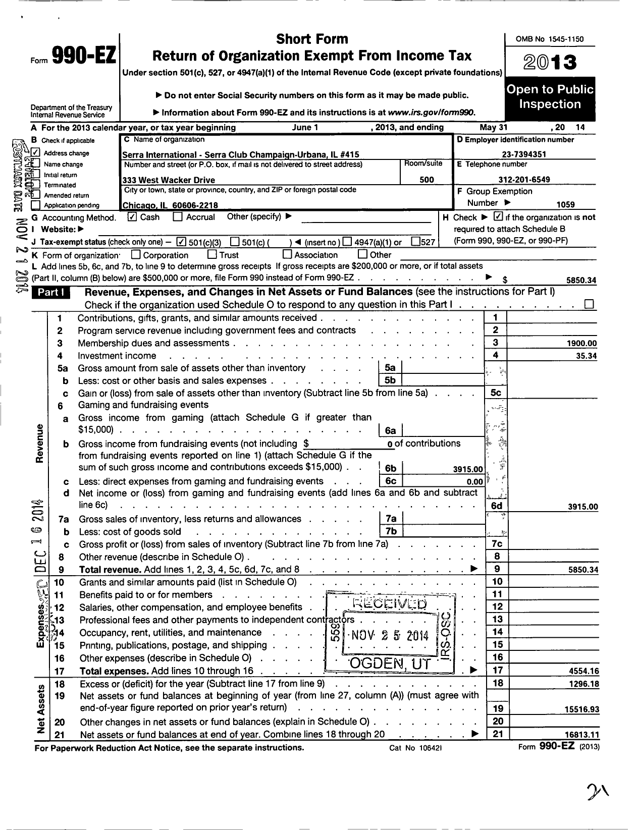 Image of first page of 2013 Form 990EZ for Serra International - 415 Champaign-Urbana Serra Club