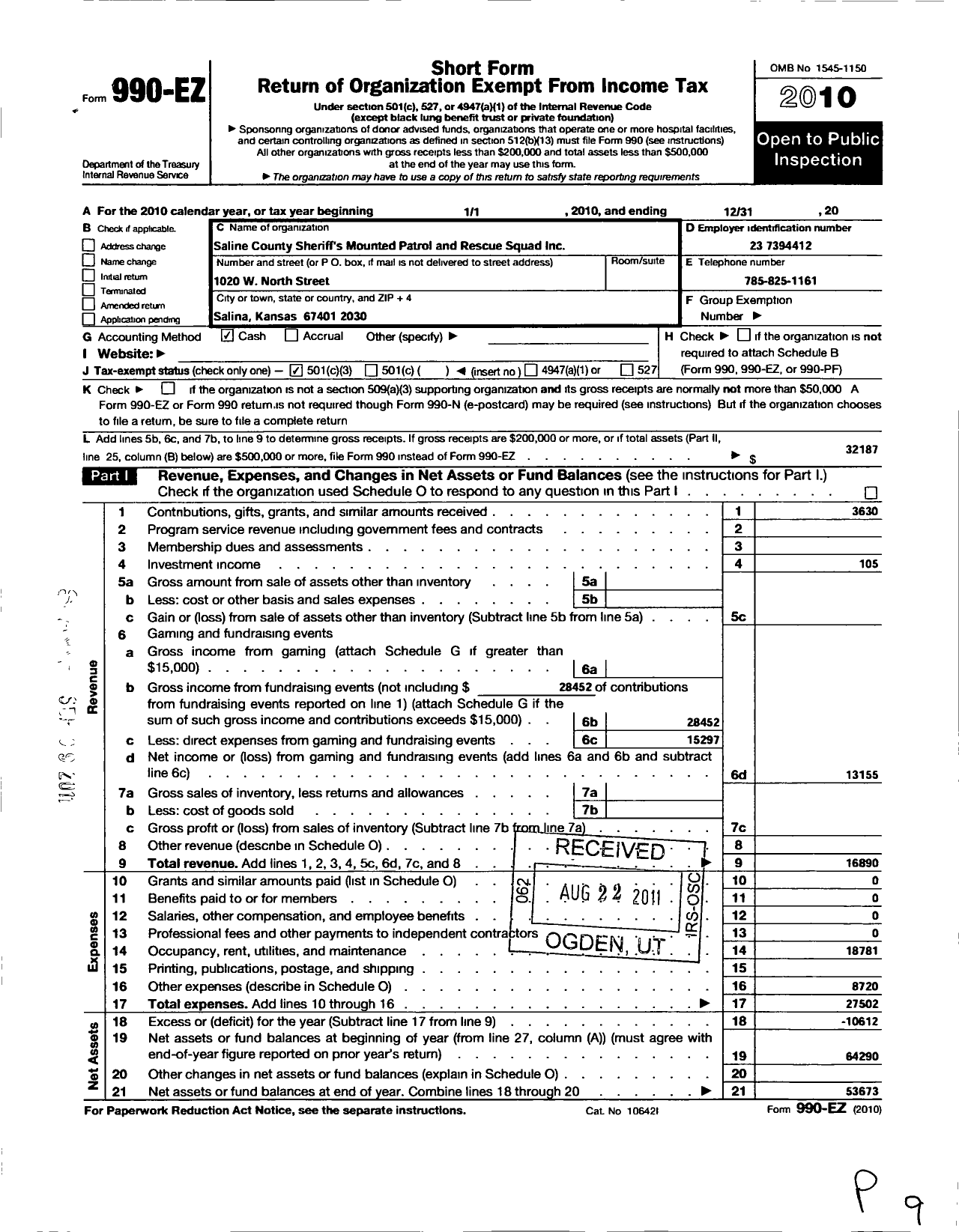 Image of first page of 2010 Form 990EZ for Saline County Sheriffs Mounted Patrol and Rescue Squad