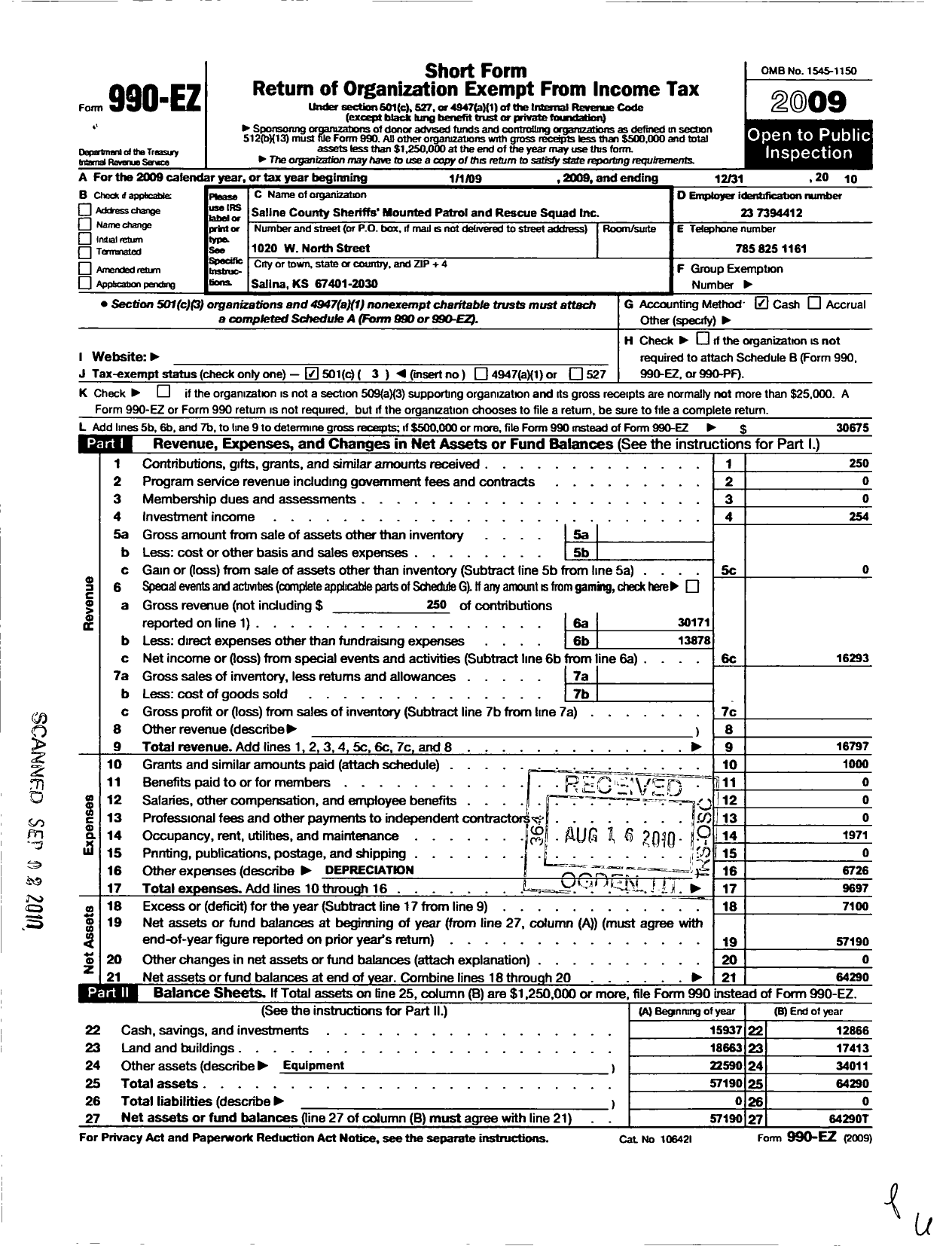 Image of first page of 2010 Form 990EZ for Saline County Sheriffs Mounted Patrol and Rescue Squad