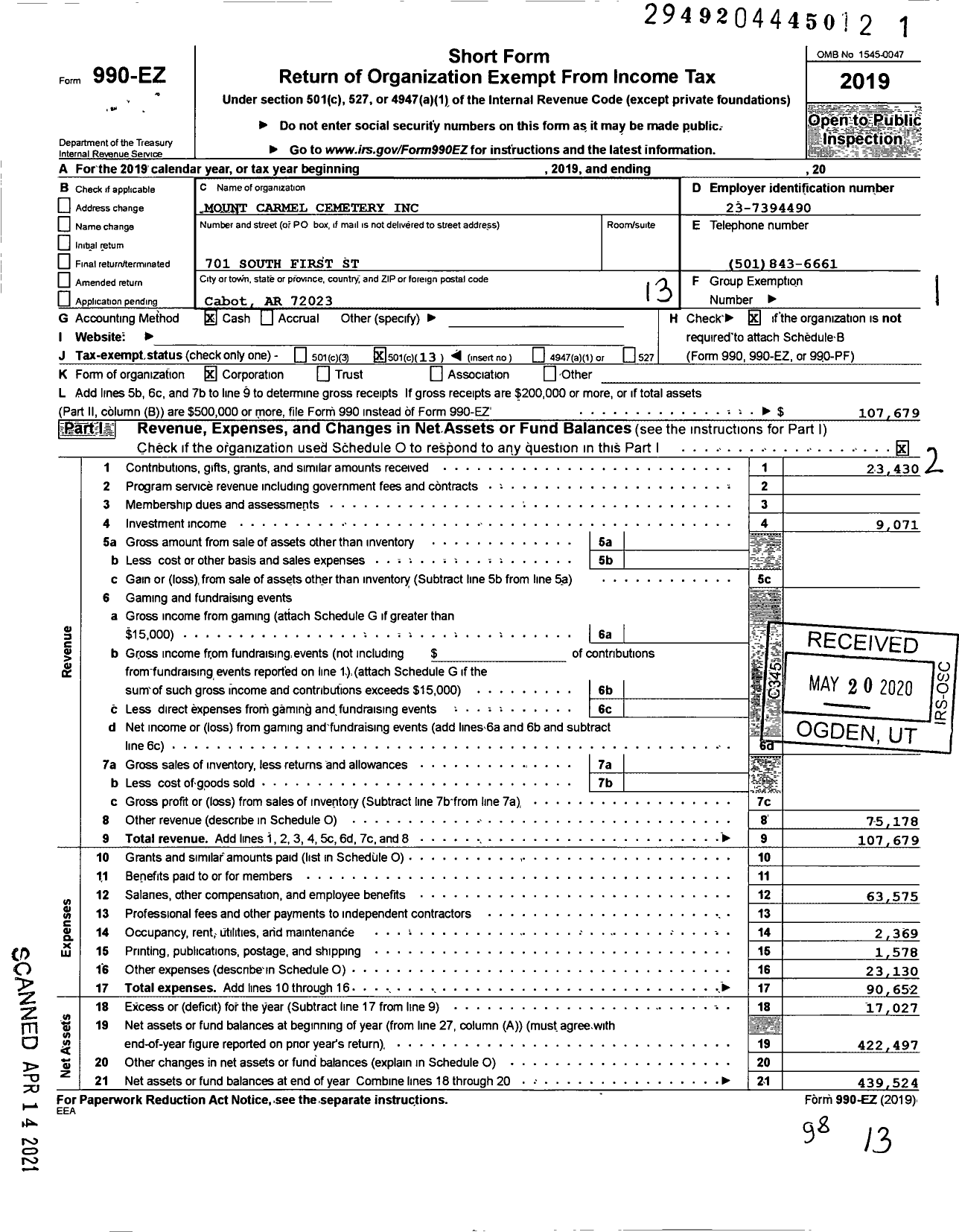 Image of first page of 2019 Form 990EO for MT Carmel Cemetery