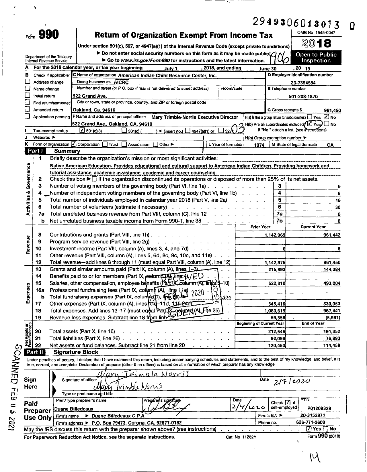 Image of first page of 2018 Form 990 for American Indian Child Resource Center (AICRC)