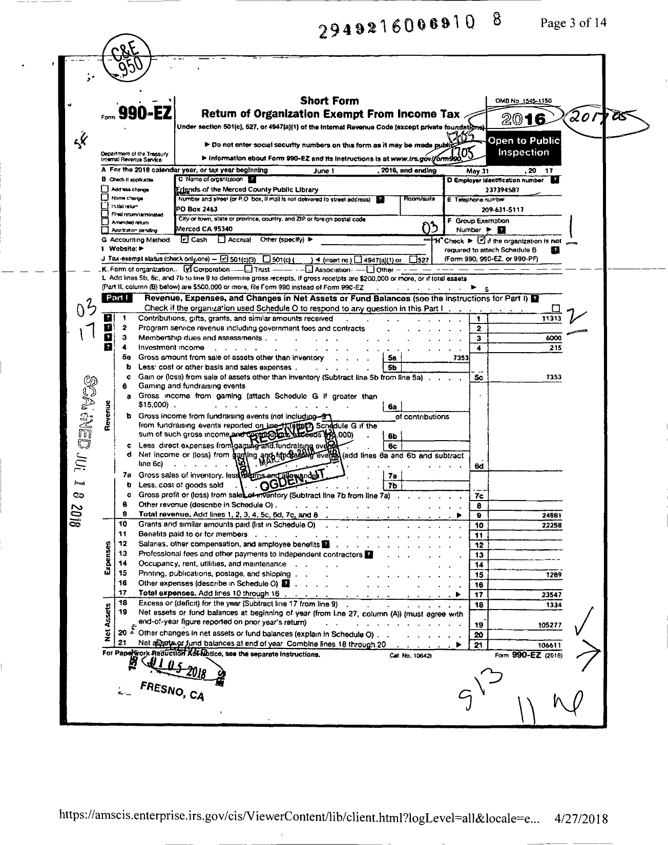 Image of first page of 2016 Form 990EZ for Friends of the Merced County Public Library