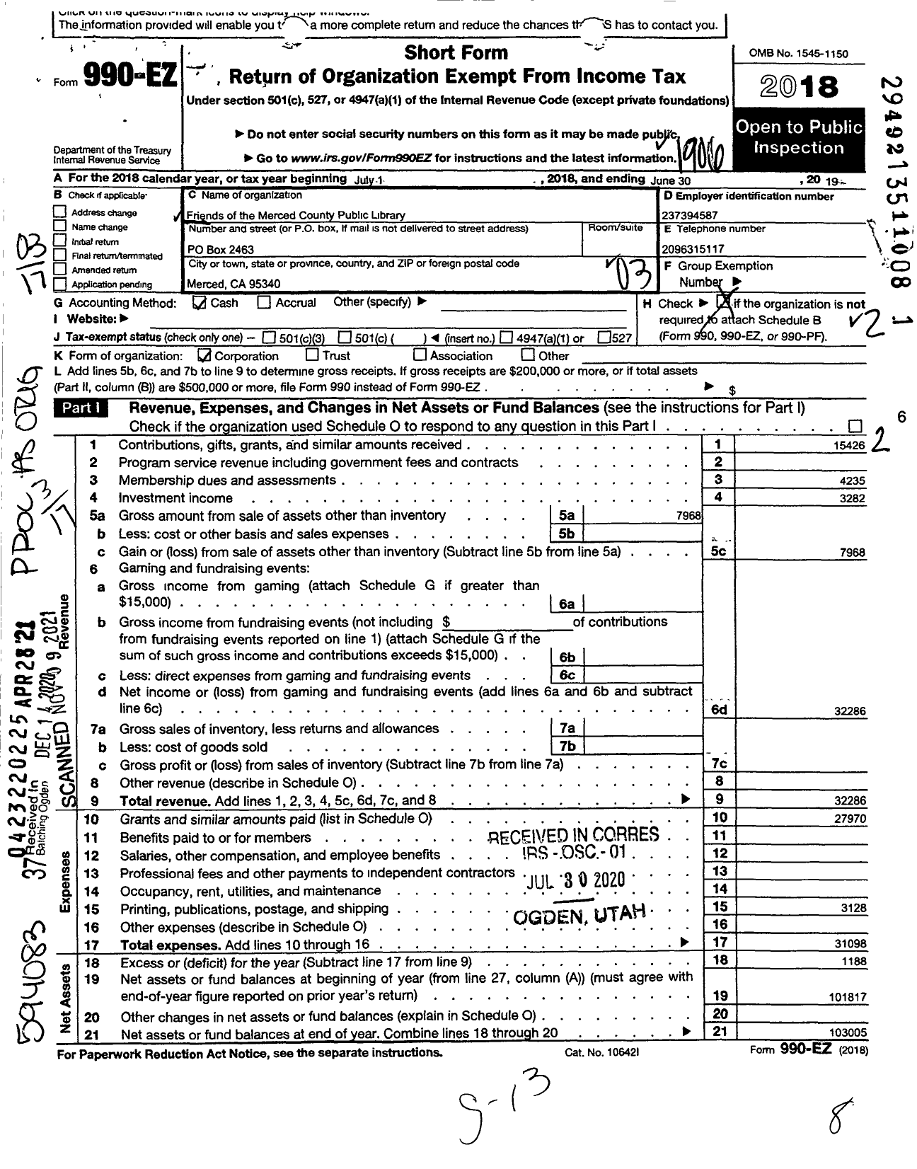 Image of first page of 2018 Form 990EZ for Friends of the Merced County Public Library