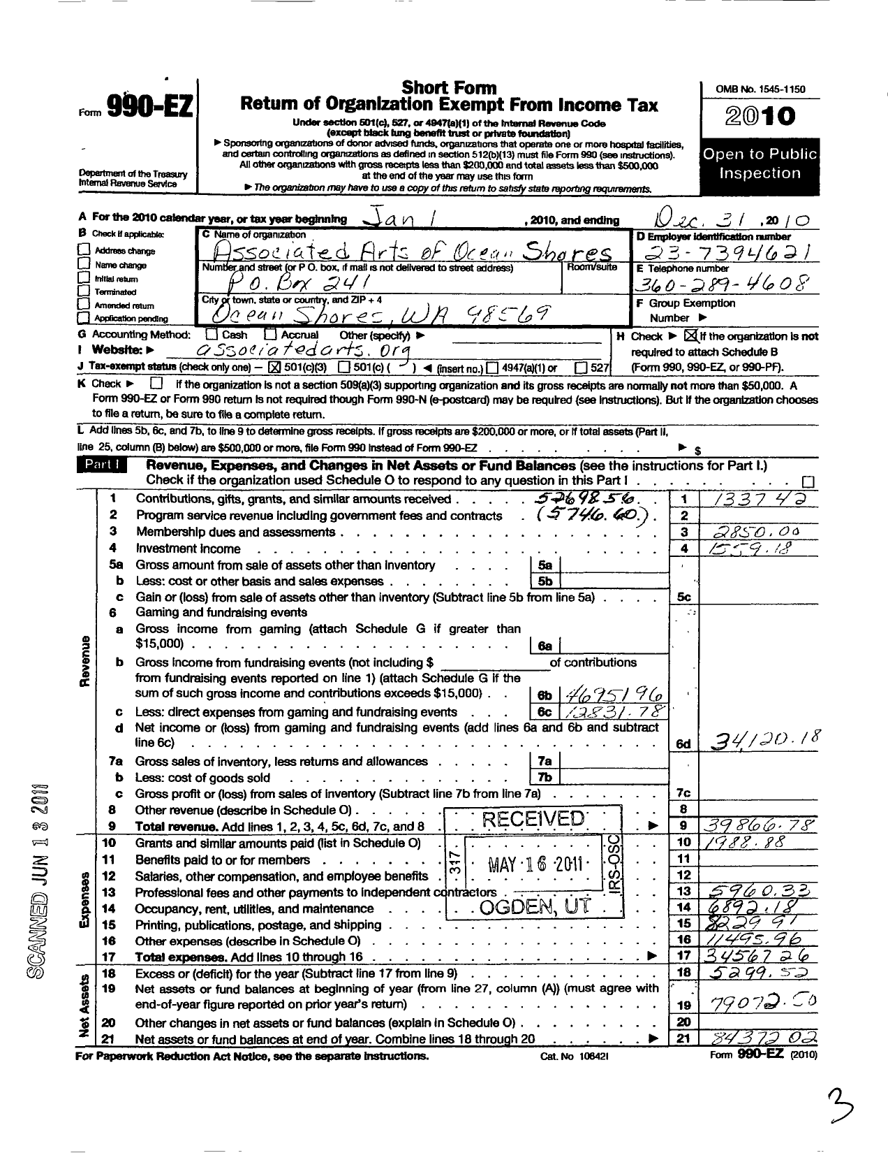 Image of first page of 2010 Form 990EZ for Associated Arts of Ocean Shores