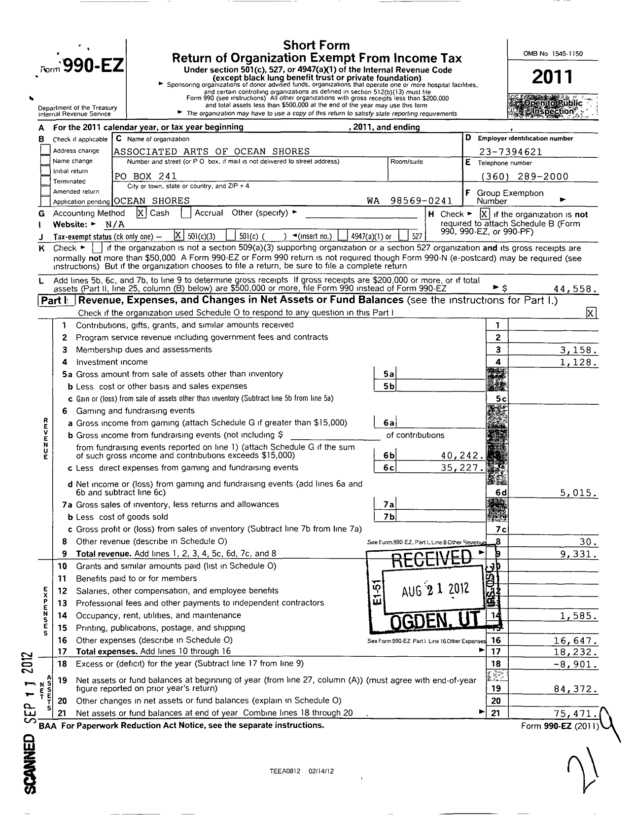 Image of first page of 2011 Form 990EZ for Associated Arts of Ocean Shores