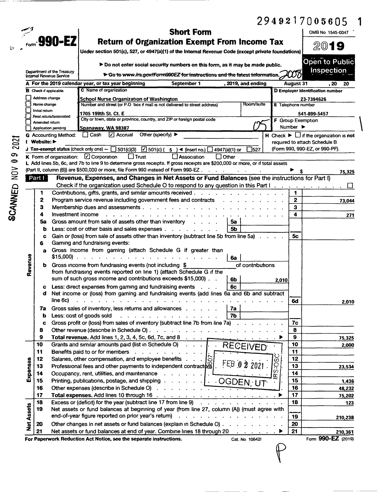 Image of first page of 2019 Form 990EO for School Nurse Organization of Washington