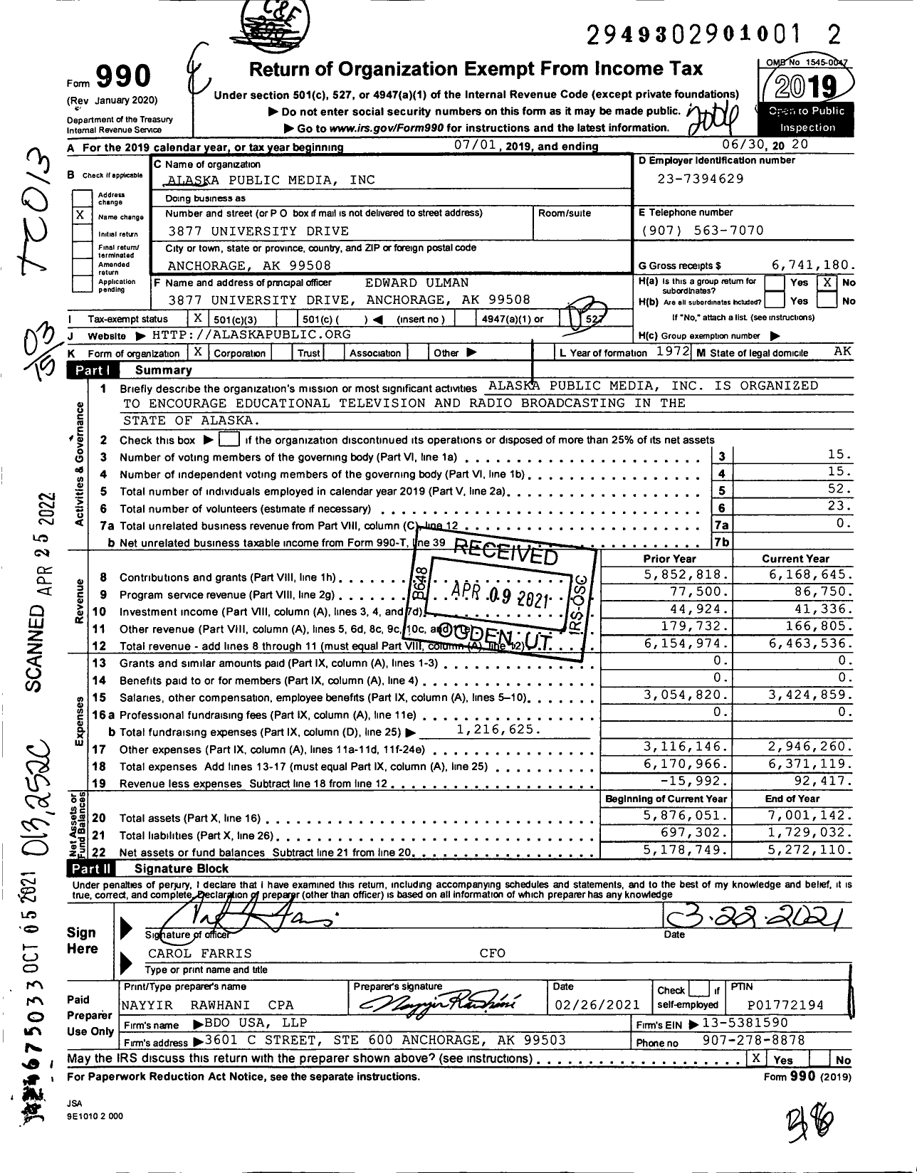 Image of first page of 2019 Form 990 for Alaska Public Media