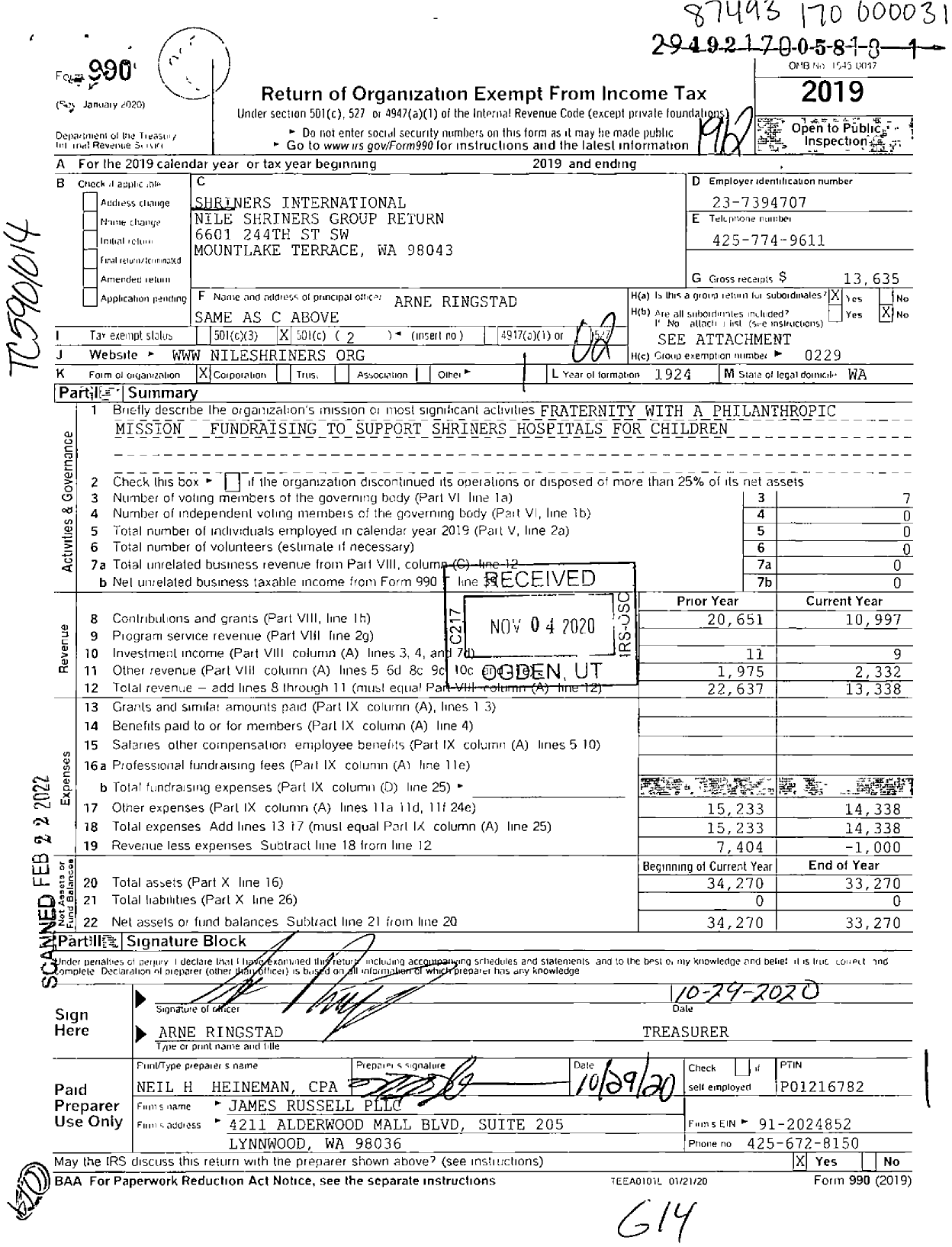 Image of first page of 2019 Form 990O for Shriners International - Nile Temple A A O N M S