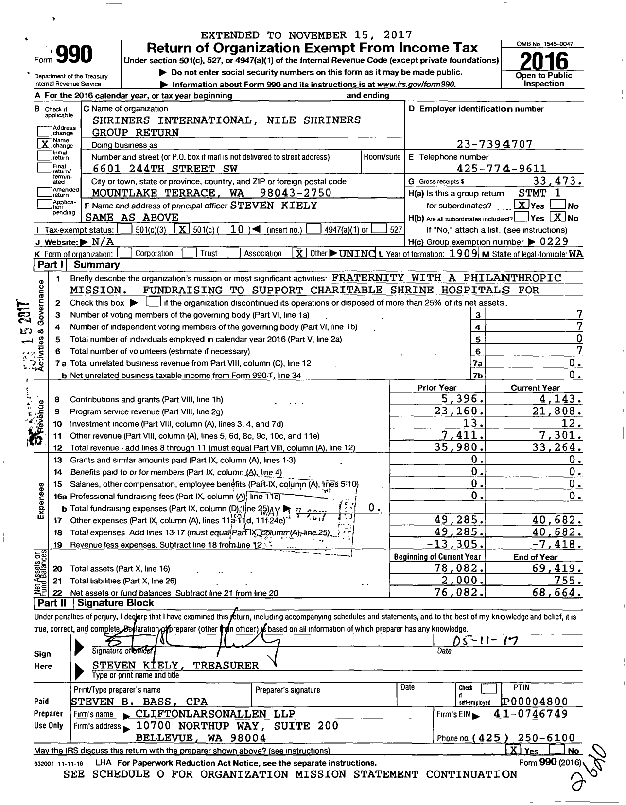 Image of first page of 2016 Form 990O for Shriners International - Nile Temple A A O N M S