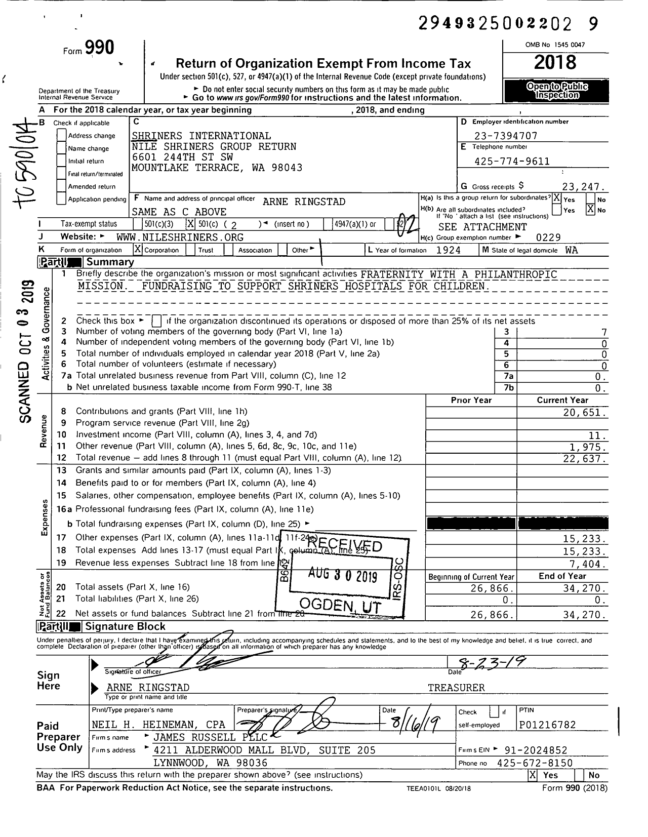 Image of first page of 2018 Form 990O for Shriners International - Nile Temple A A O N M S