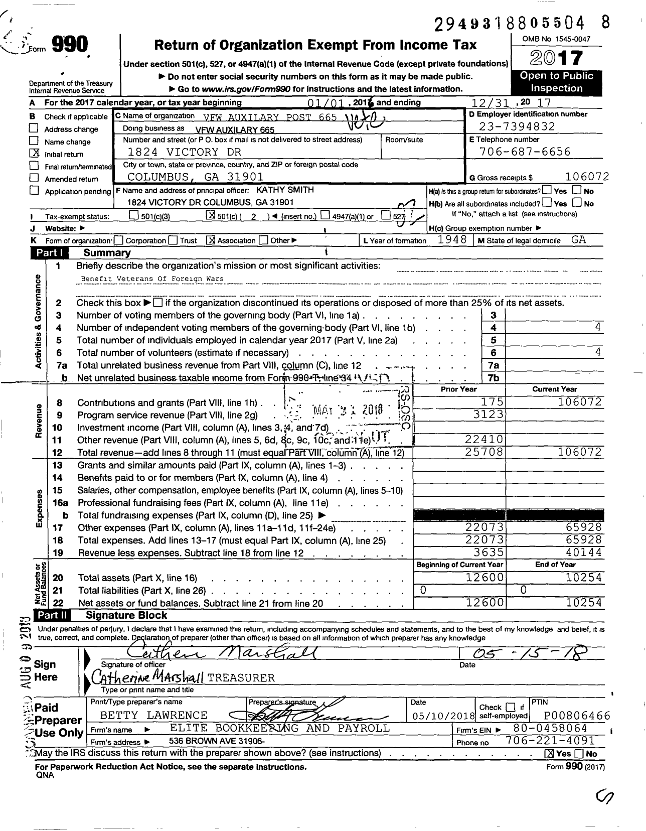 Image of first page of 2017 Form 990O for Dept of Georgia Ladies Auxiliary To the VFW of the United States - 665 Moina Michael Post