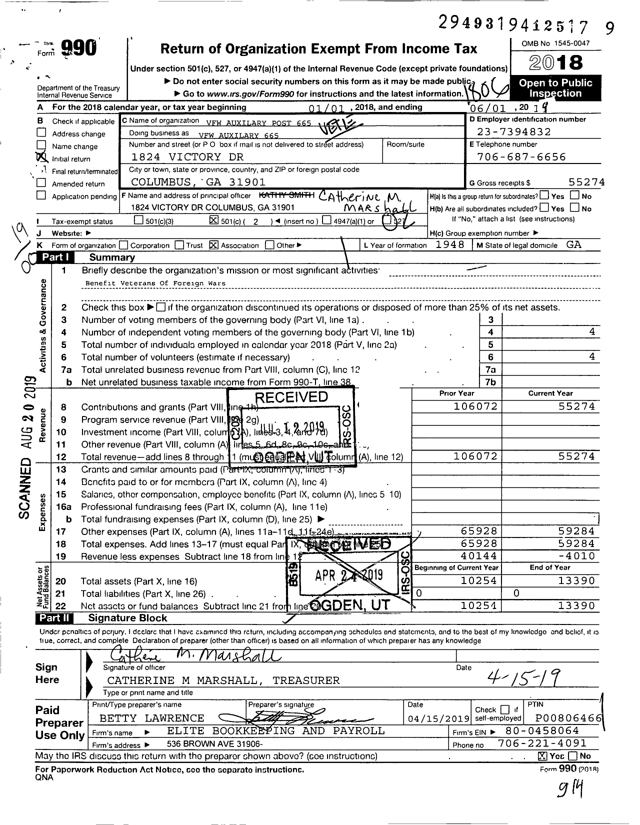 Image of first page of 2017 Form 990O for Dept of Georgia Ladies Auxiliary To the VFW of the United States - 665 Moina Michael Post