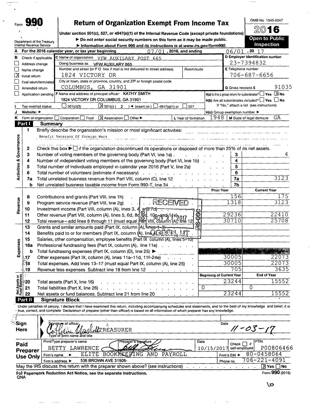 Image of first page of 2016 Form 990O for Dept of Georgia Ladies Auxiliary To the VFW of the United States - 665 Moina Michael Post