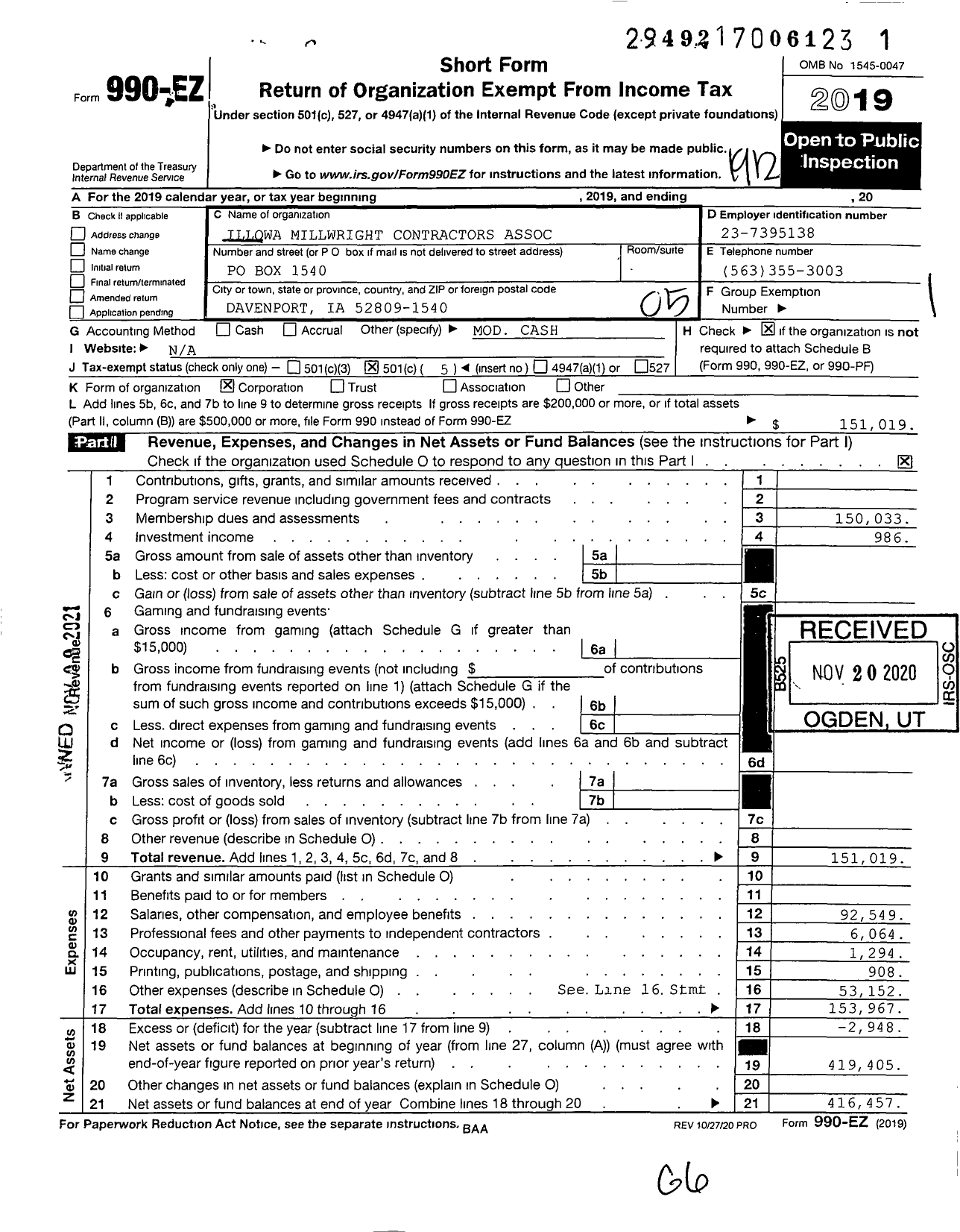 Image of first page of 2019 Form 990EO for Illowa Millwright Contractors Association