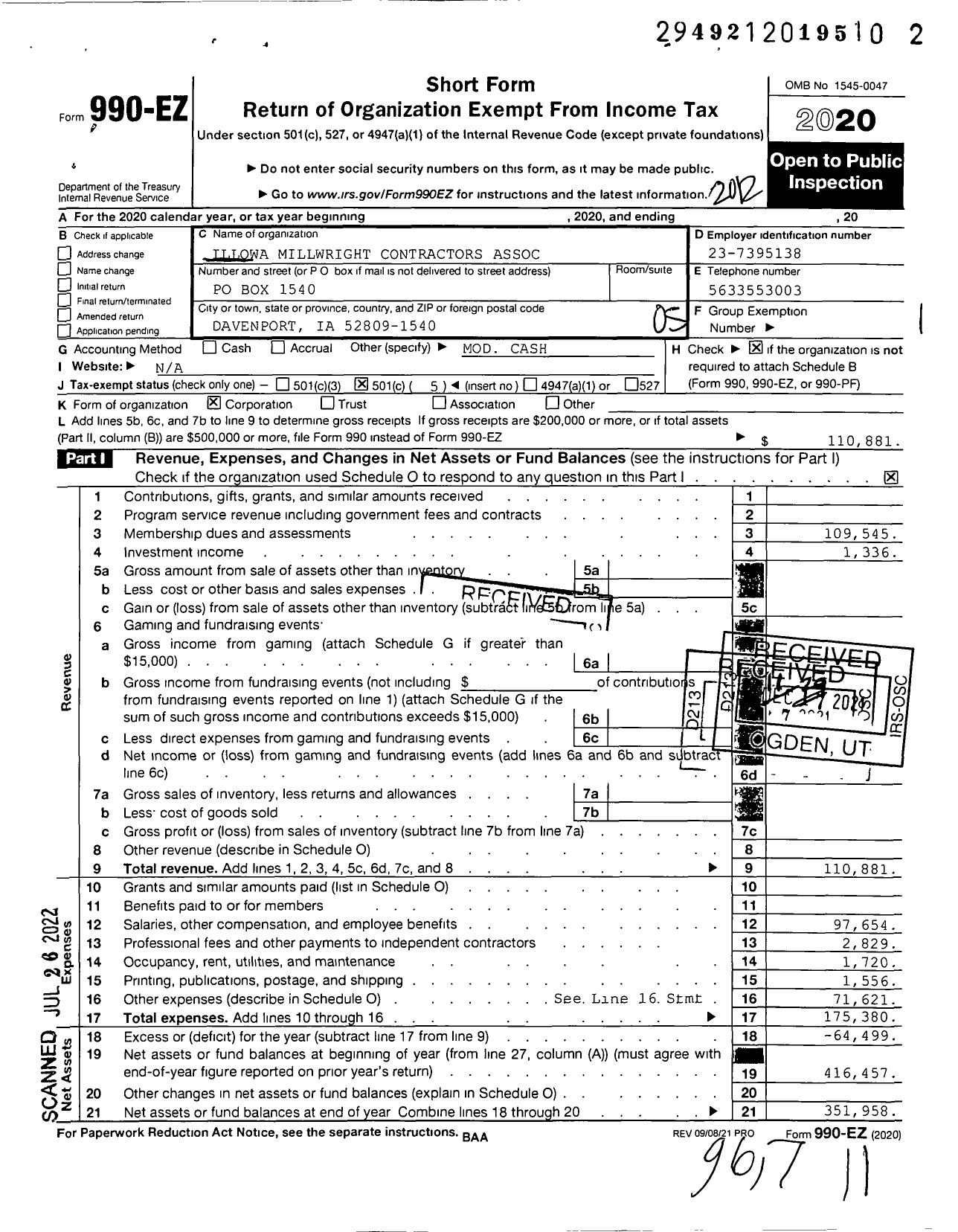 Image of first page of 2020 Form 990EO for Illowa Millwright Contractors Association