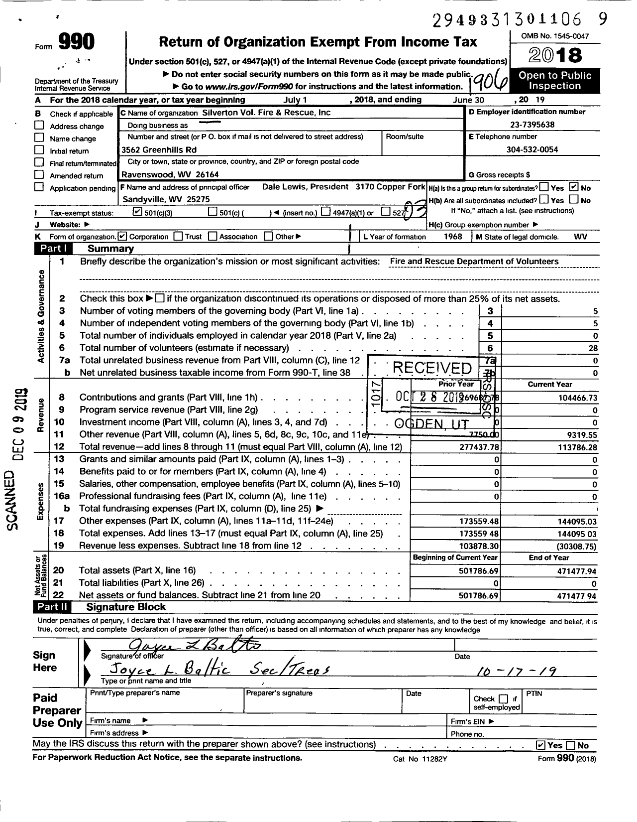 Image of first page of 2018 Form 990 for Silverton Volunteer Fire Department