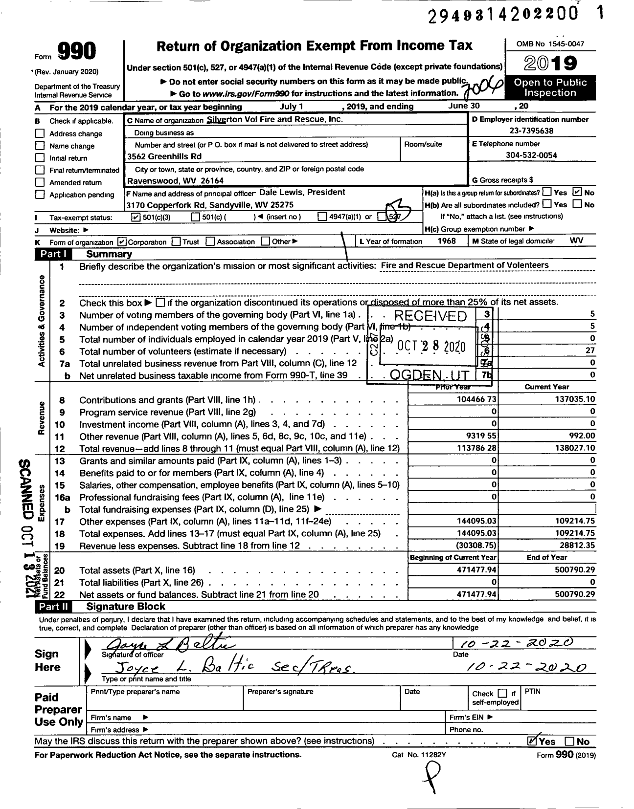 Image of first page of 2019 Form 990 for Silverton Volunteer Fire Department