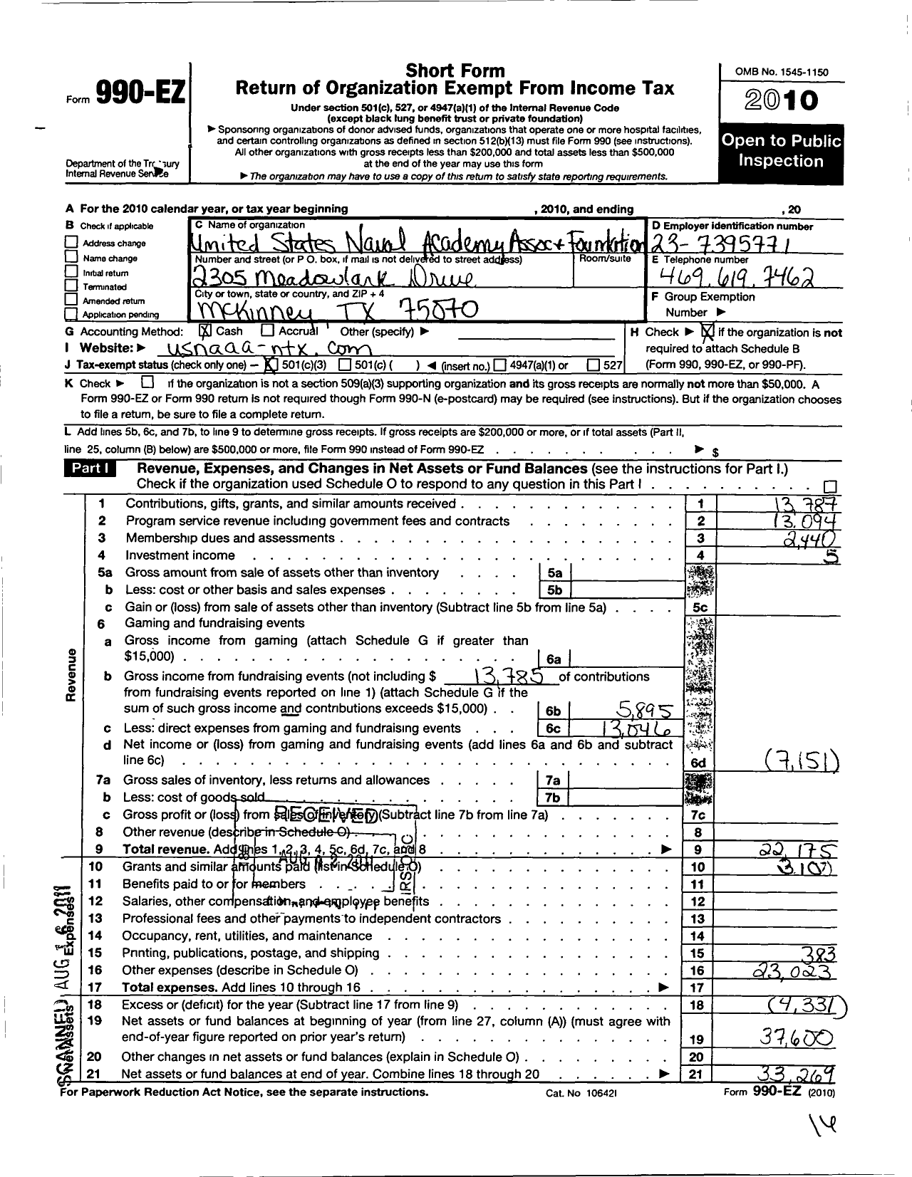 Image of first page of 2010 Form 990EZ for United States Naval Academy Association and Foundation Incorpo