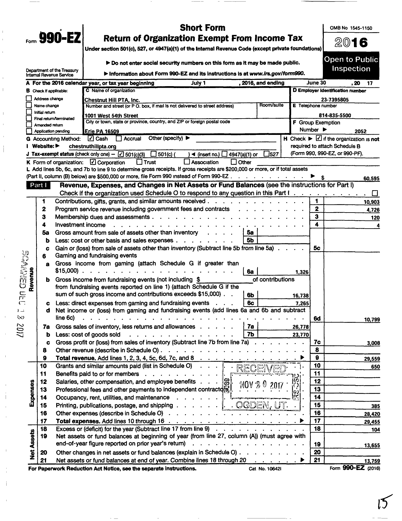 Image of first page of 2016 Form 990EZ for Chestnut Hill PTA