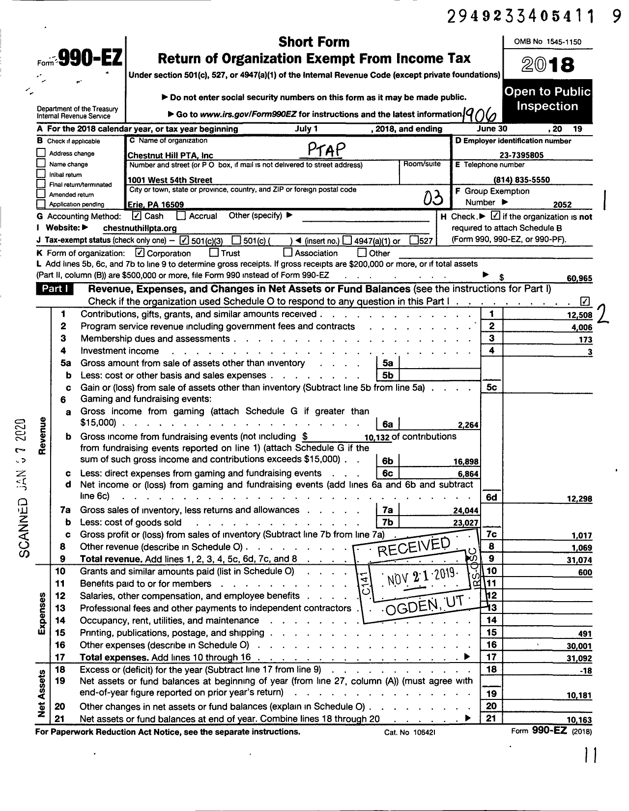 Image of first page of 2018 Form 990EZ for Chestnut Hill PTA