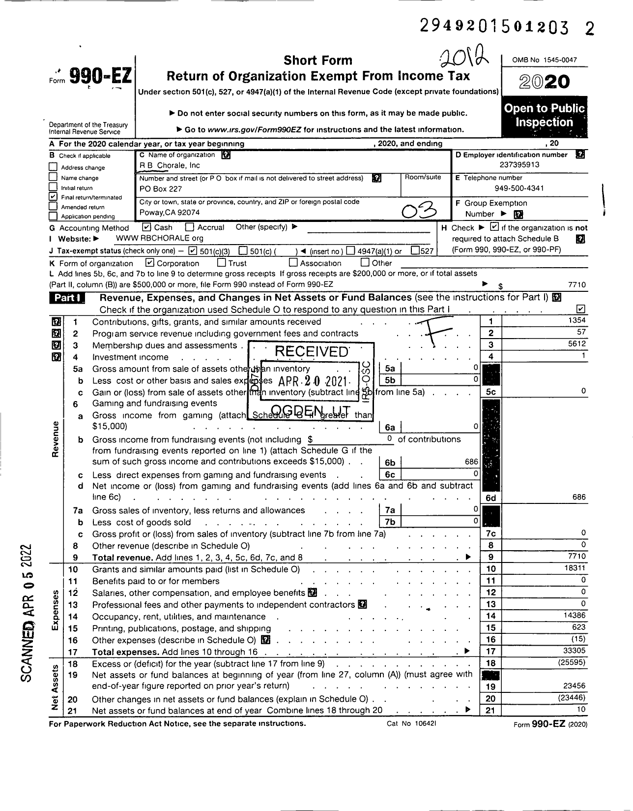 Image of first page of 2020 Form 990EZ for RB Chorale