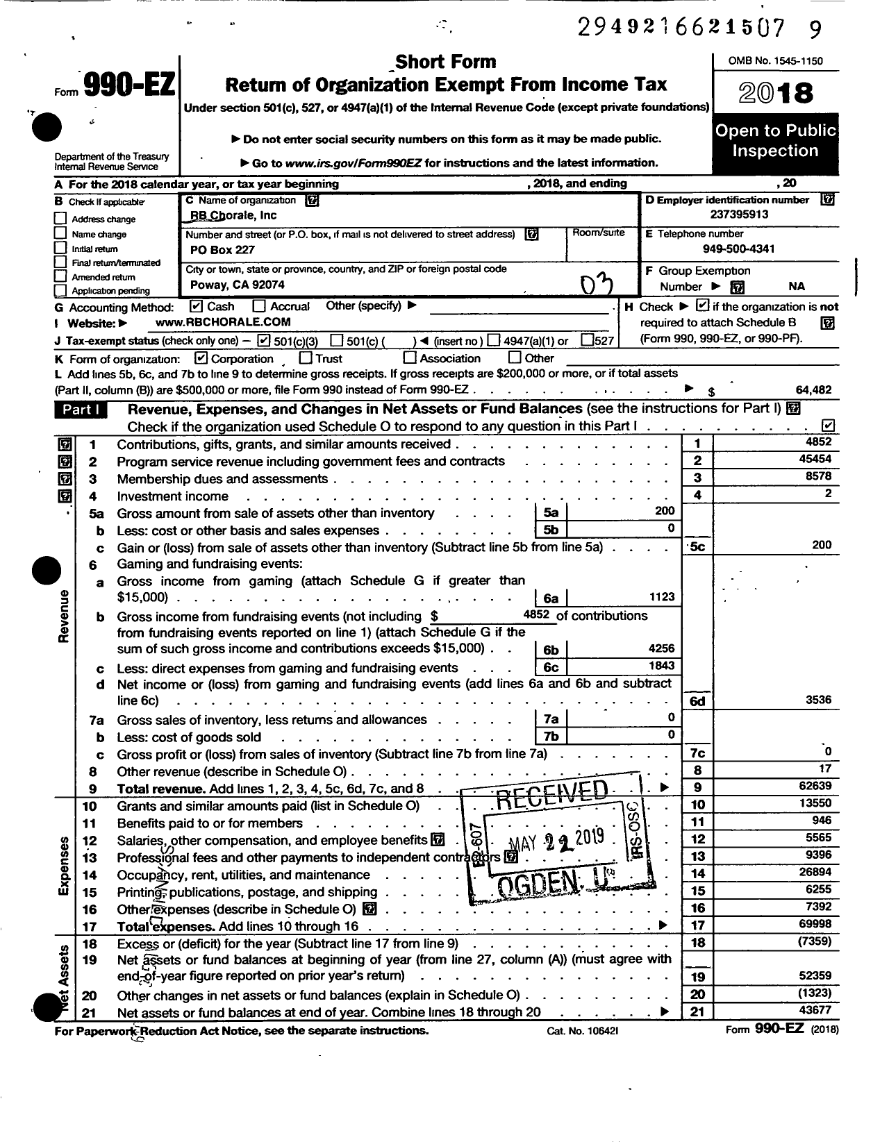 Image of first page of 2018 Form 990EZ for RB Chorale