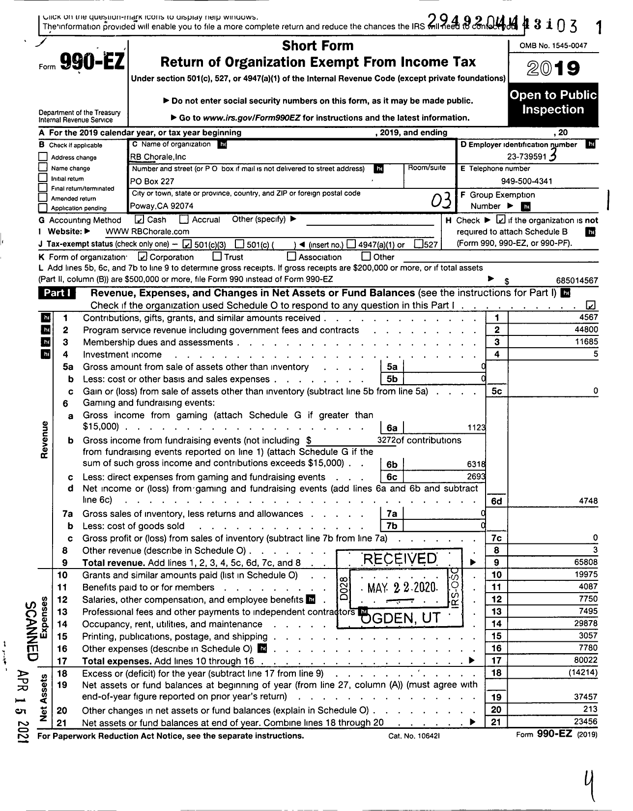 Image of first page of 2019 Form 990EZ for RB Chorale