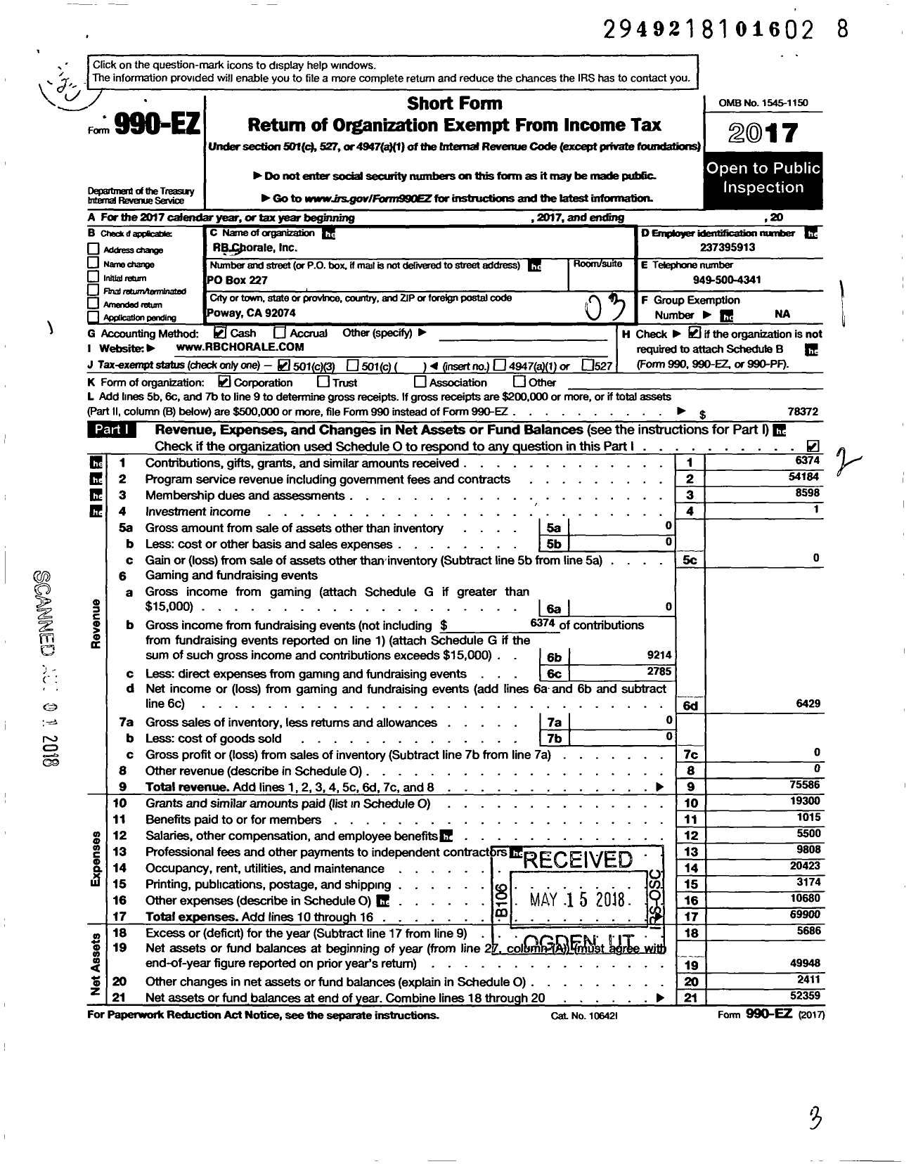 Image of first page of 2017 Form 990EZ for RB Chorale