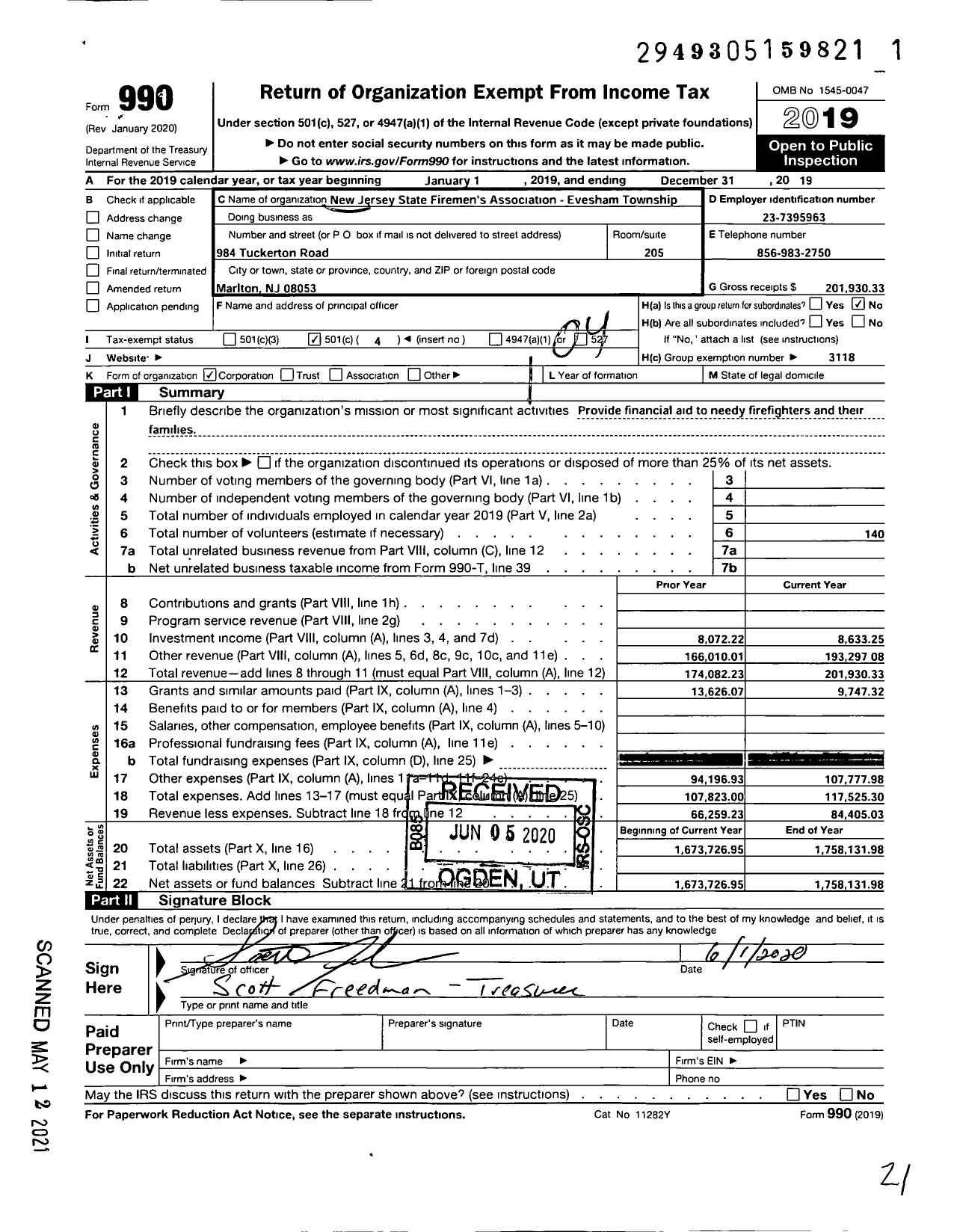 Image of first page of 2019 Form 990O for New Jersey State Firemens Association Evesham Township