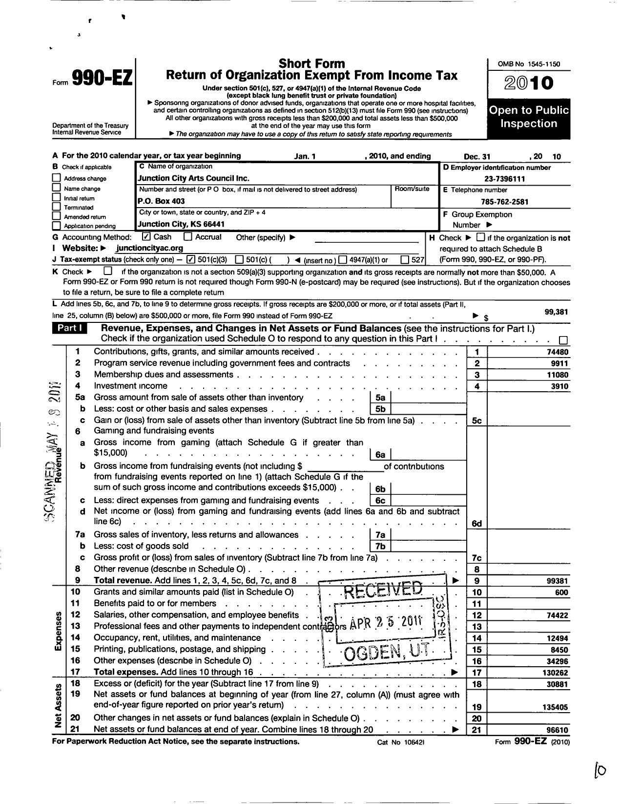 Image of first page of 2010 Form 990EZ for Junction City Arts Council