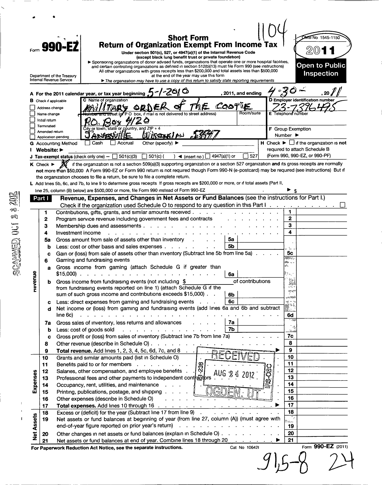 Image of first page of 2010 Form 990EO for Military Order of the Cootie of the United States - 9 Wacha Kalit