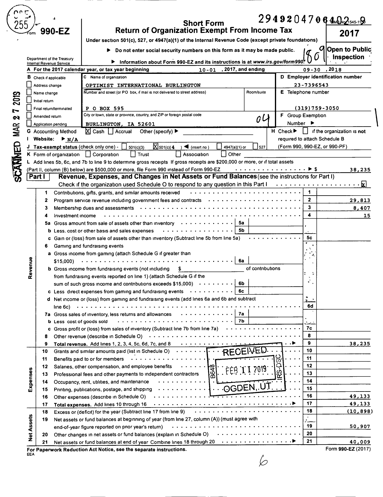 Image of first page of 2017 Form 990EO for Optimist International - 40012 Oc of Burlington-West Ia