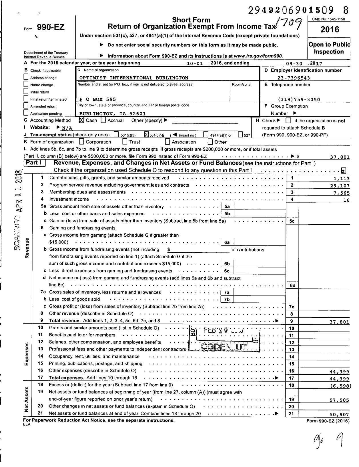 Image of first page of 2016 Form 990EO for Optimist International - 40012 Oc of Burlington-West Ia