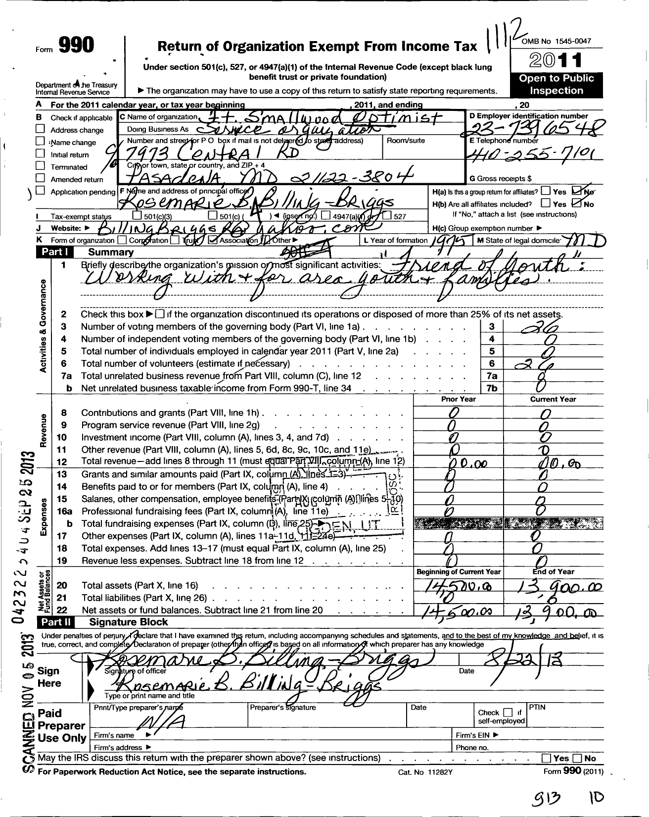 Image of first page of 2011 Form 990O for Optimist International - 33088 Oc of FT Smallwood MD