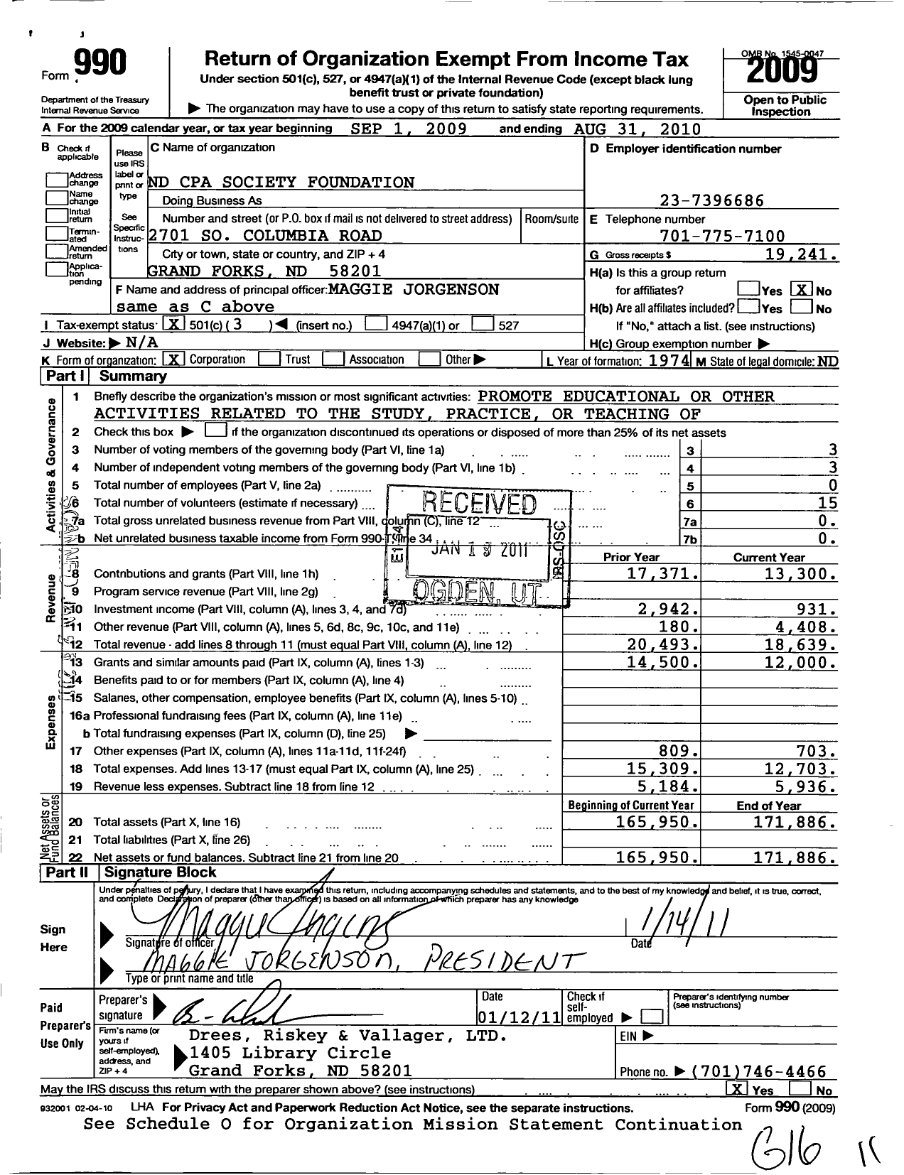 Image of first page of 2009 Form 990 for North Dakota CPA Society Foundation