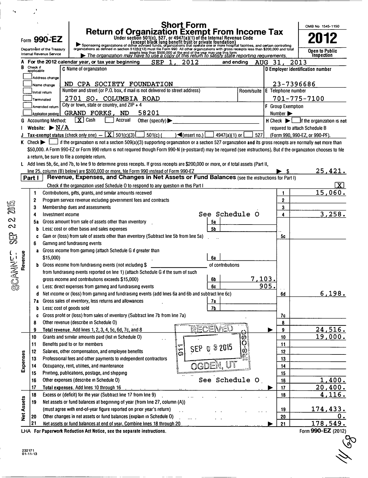 Image of first page of 2012 Form 990EZ for North Dakota CPA Society Foundation