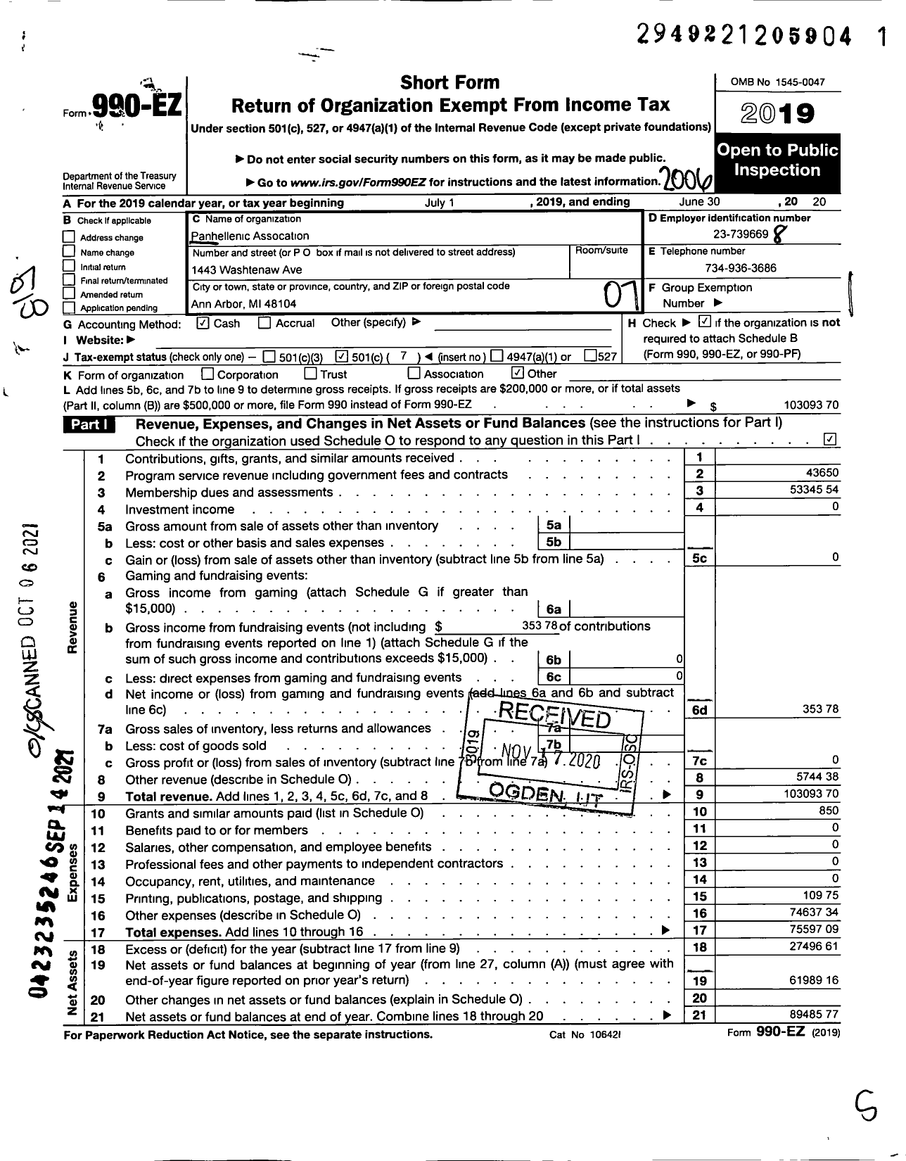 Image of first page of 2019 Form 990EO for University of Michigan Womens Panhellenic Association of the Nat