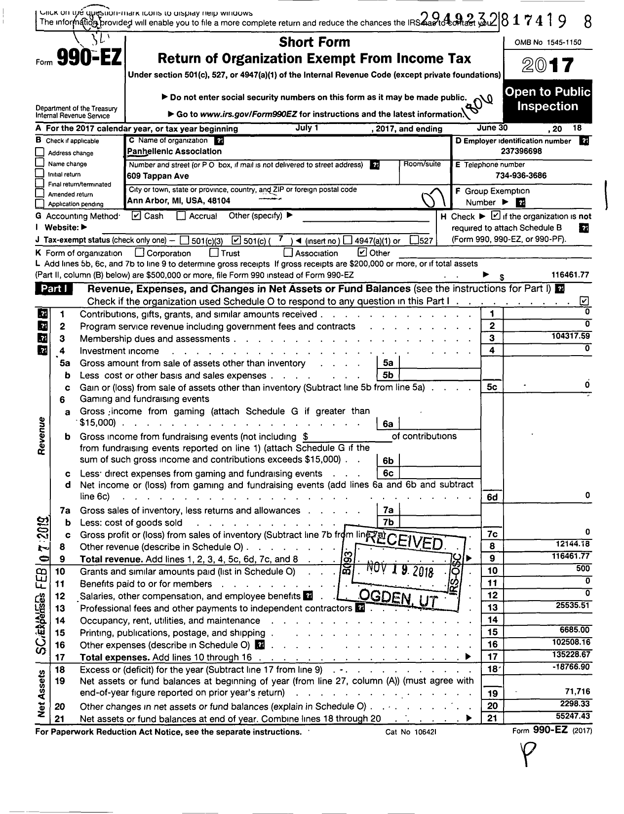 Image of first page of 2017 Form 990EO for University of Michigan Womens Panhellenic Association of the Nat