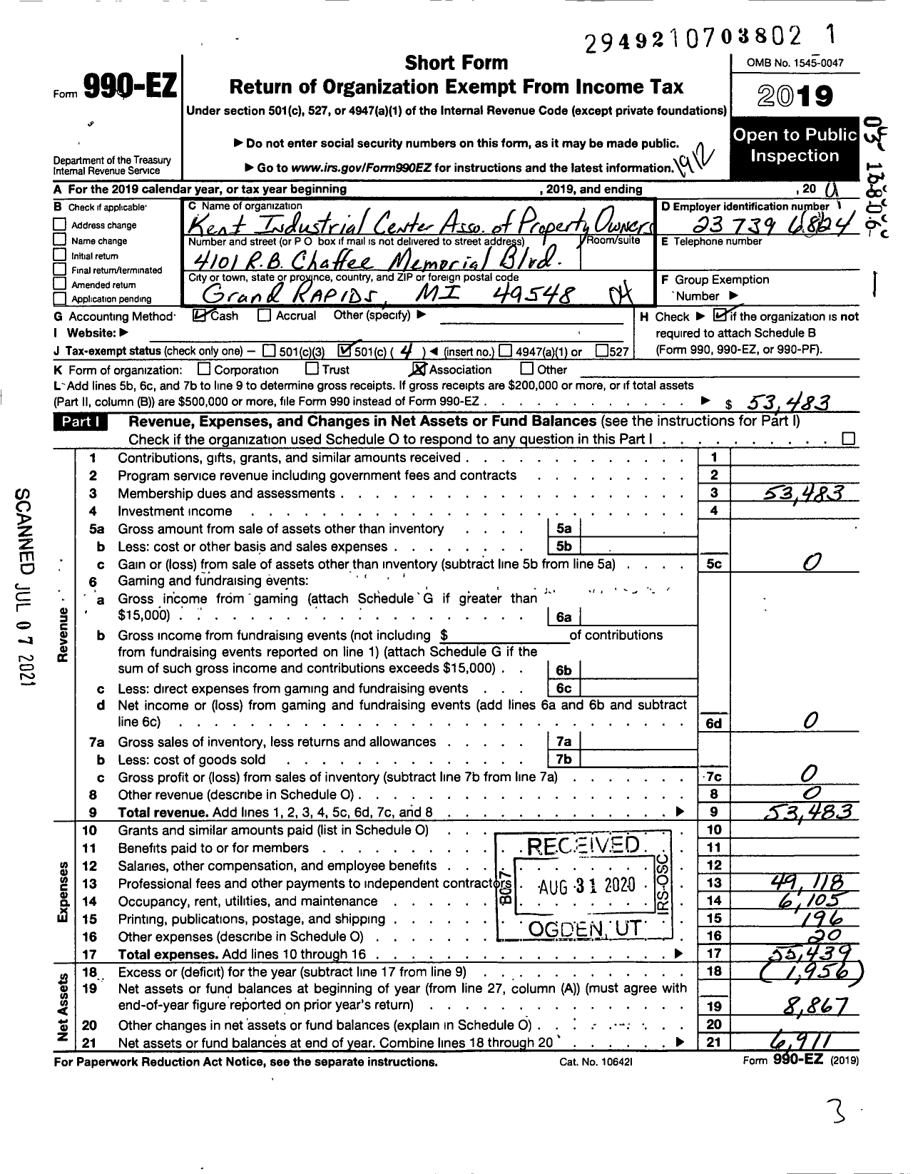 Image of first page of 2019 Form 990EO for Kent Industrial Center Association of Property Owners