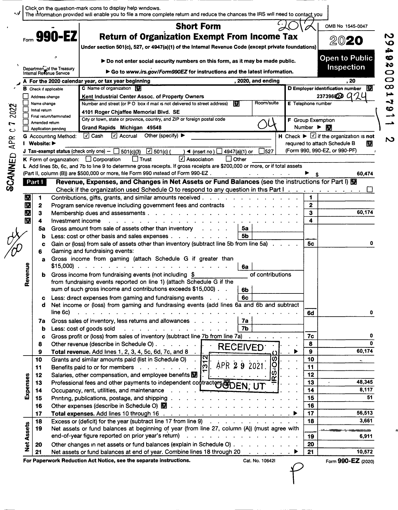 Image of first page of 2020 Form 990EO for Kent Industrial Center Association of Property Owners