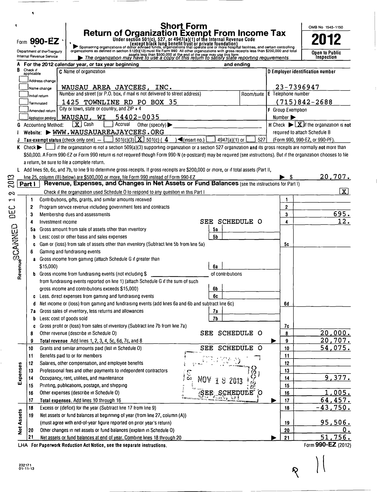 Image of first page of 2012 Form 990EO for Wausau Area Jaycees