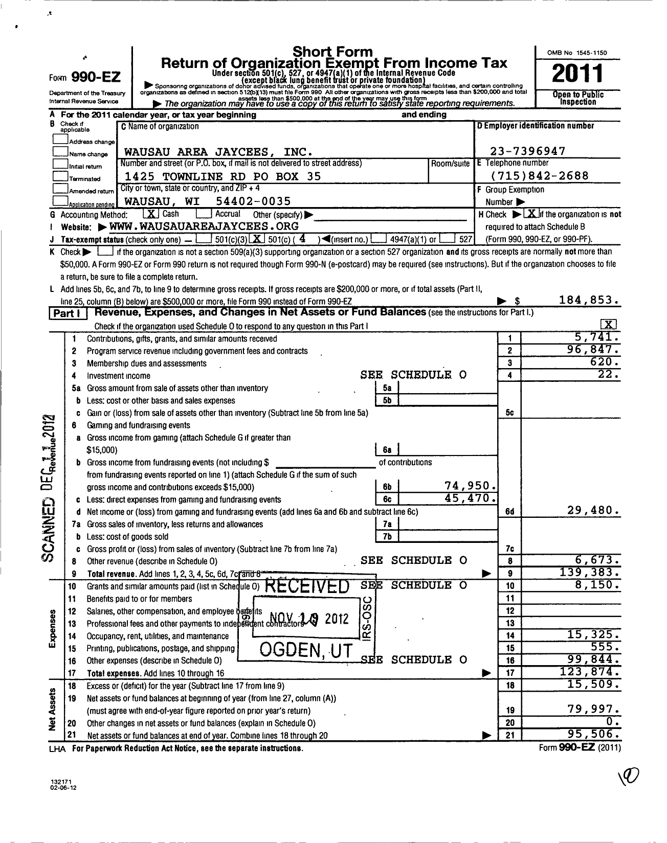 Image of first page of 2011 Form 990EO for Wausau Area Jaycees