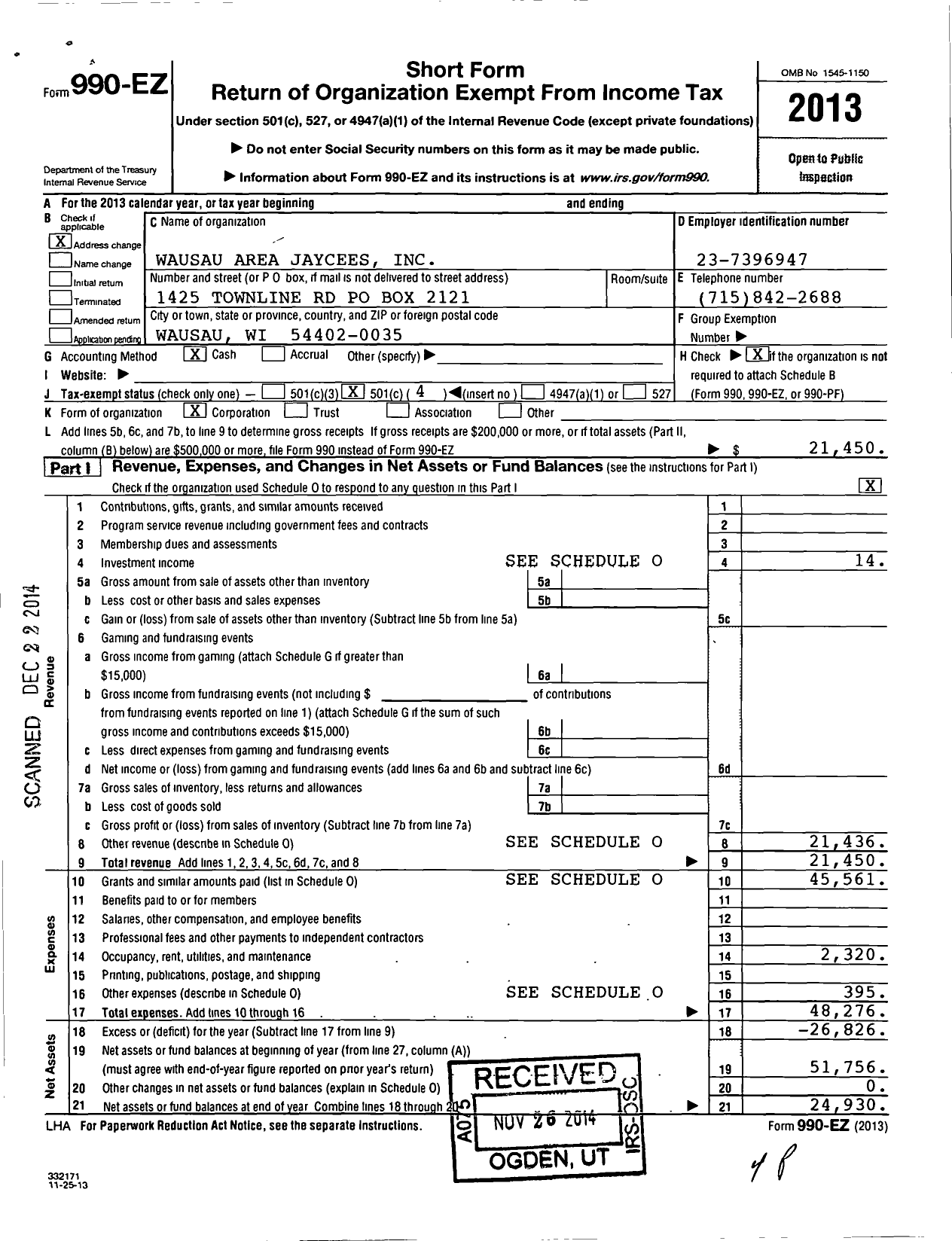 Image of first page of 2013 Form 990EO for Wausau Area Jaycees