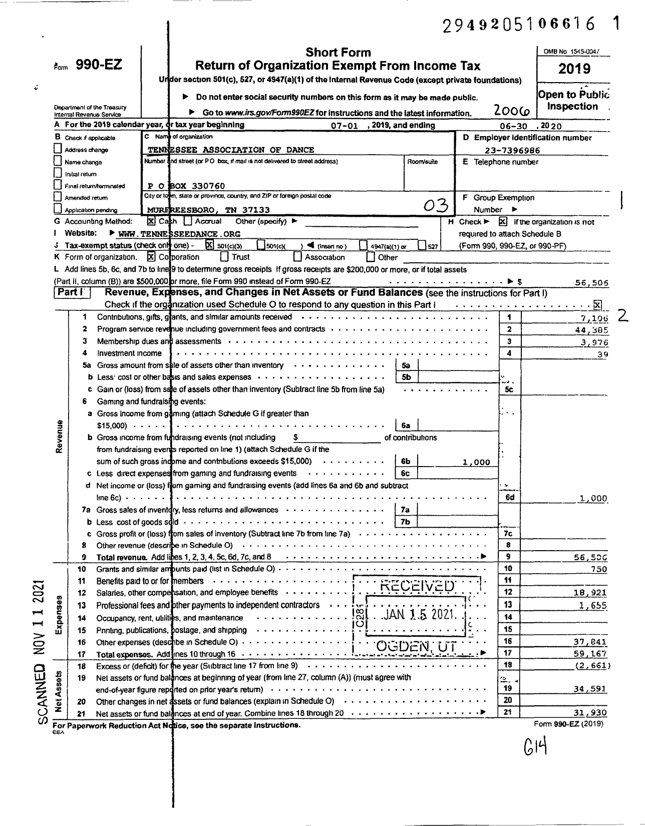 Image of first page of 2019 Form 990EZ for Tennessee Association of Dance