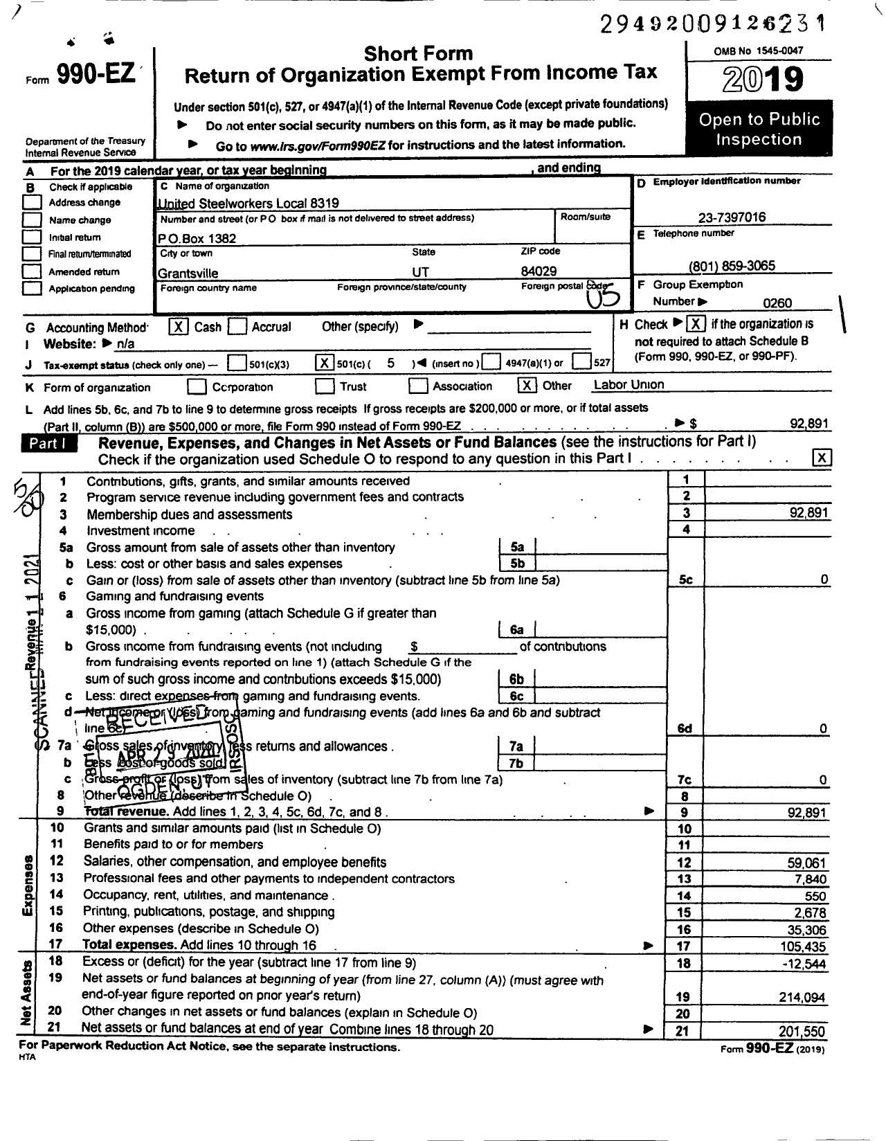 Image of first page of 2019 Form 990EO for United Steelworkers - 08319 Local