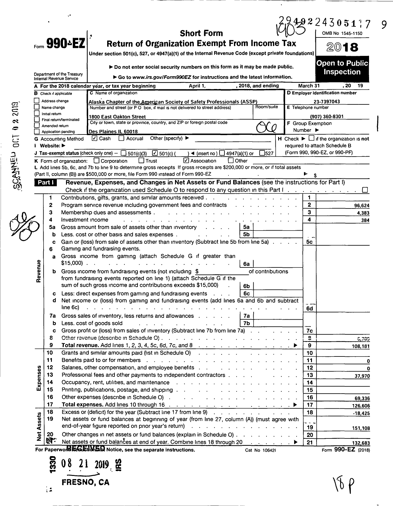 Image of first page of 2018 Form 990EO for American Society of Safety Professionals / Alaska Chapter