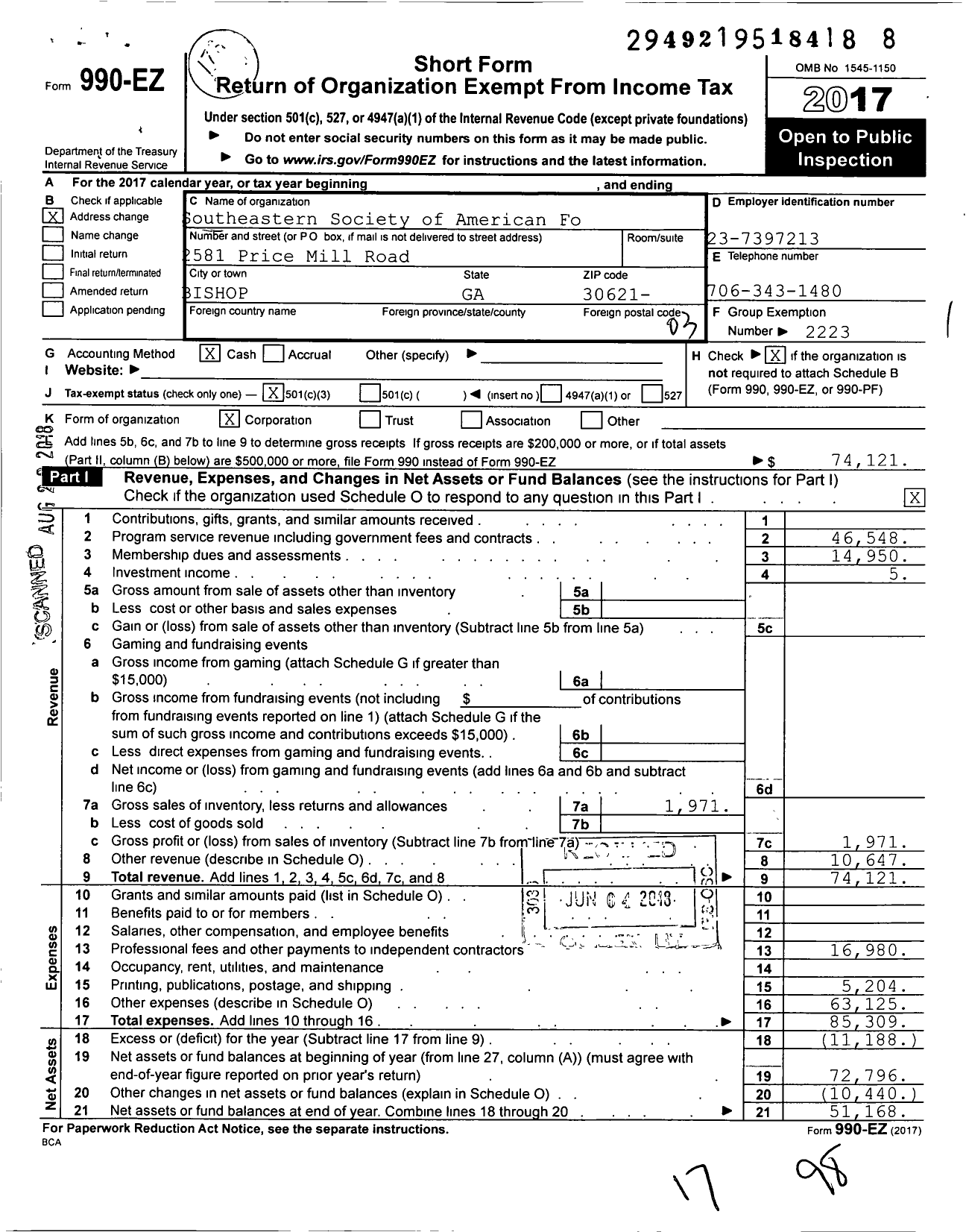 Image of first page of 2017 Form 990EZ for Southeastern Society of American Foresters