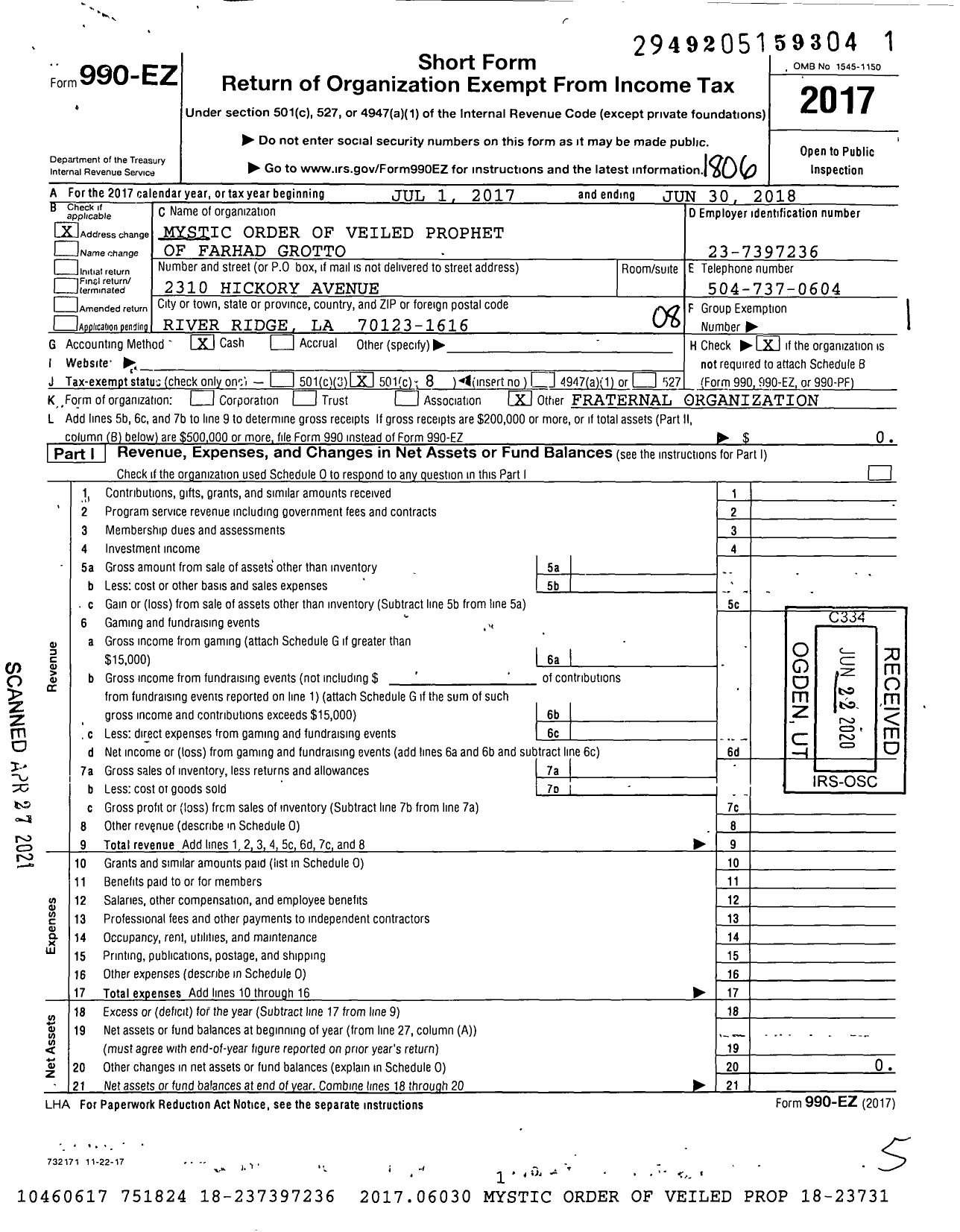 Image of first page of 2017 Form 990EO for Mystic Order of Veiled Prophets of Enchanted Realm / Farhad Grotto