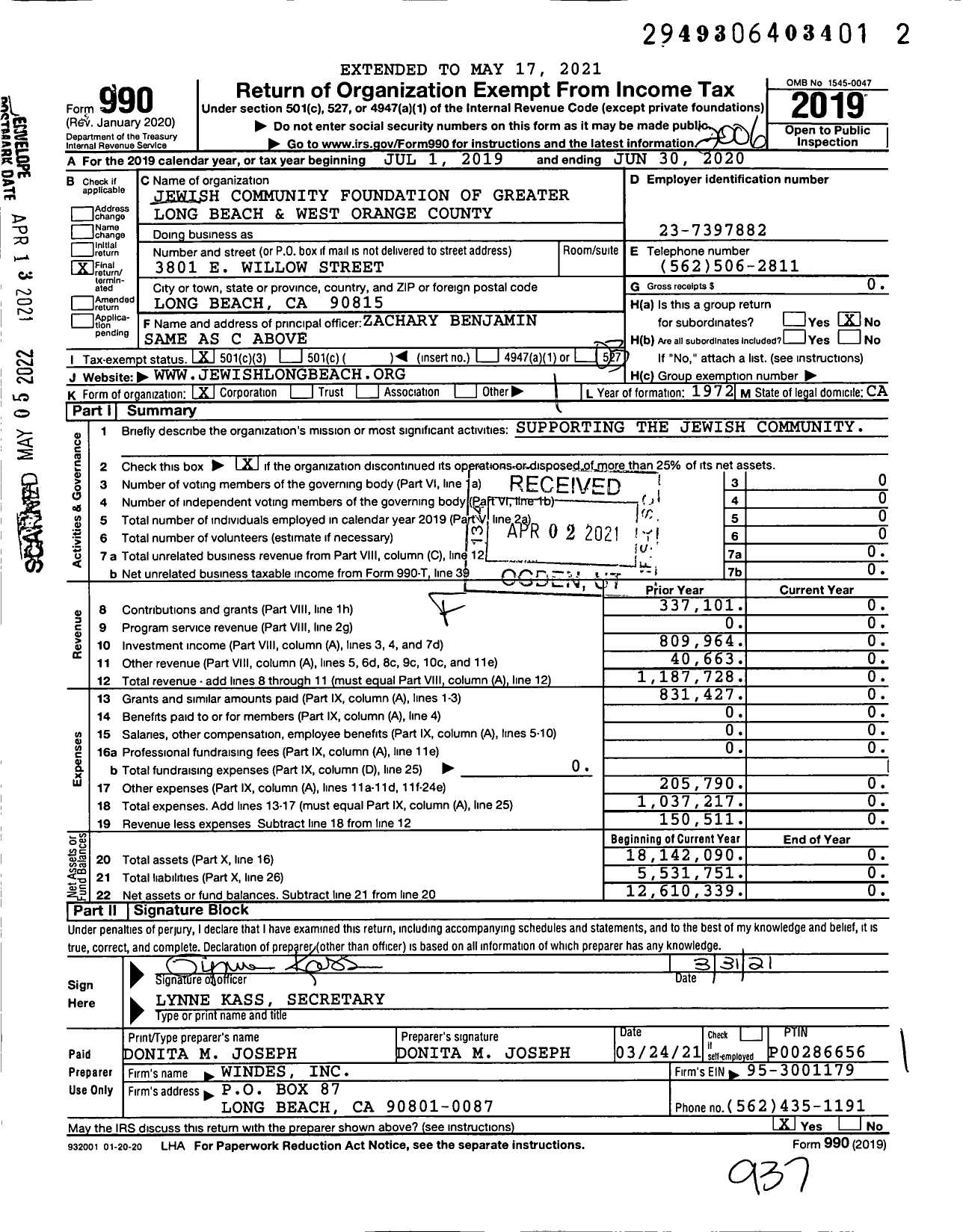 Image of first page of 2019 Form 990 for Jewish Community Foundation of Greater Long Beach and West Orange County