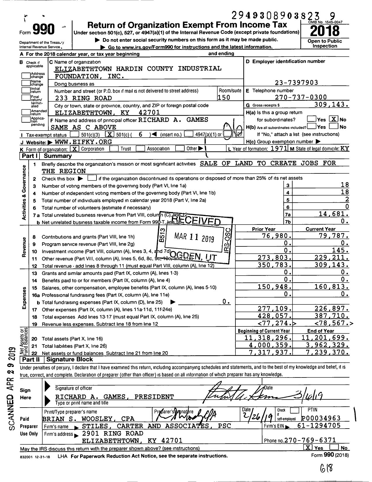 Image of first page of 2018 Form 990O for Elizabethtown Hardin County Industrial Foundation